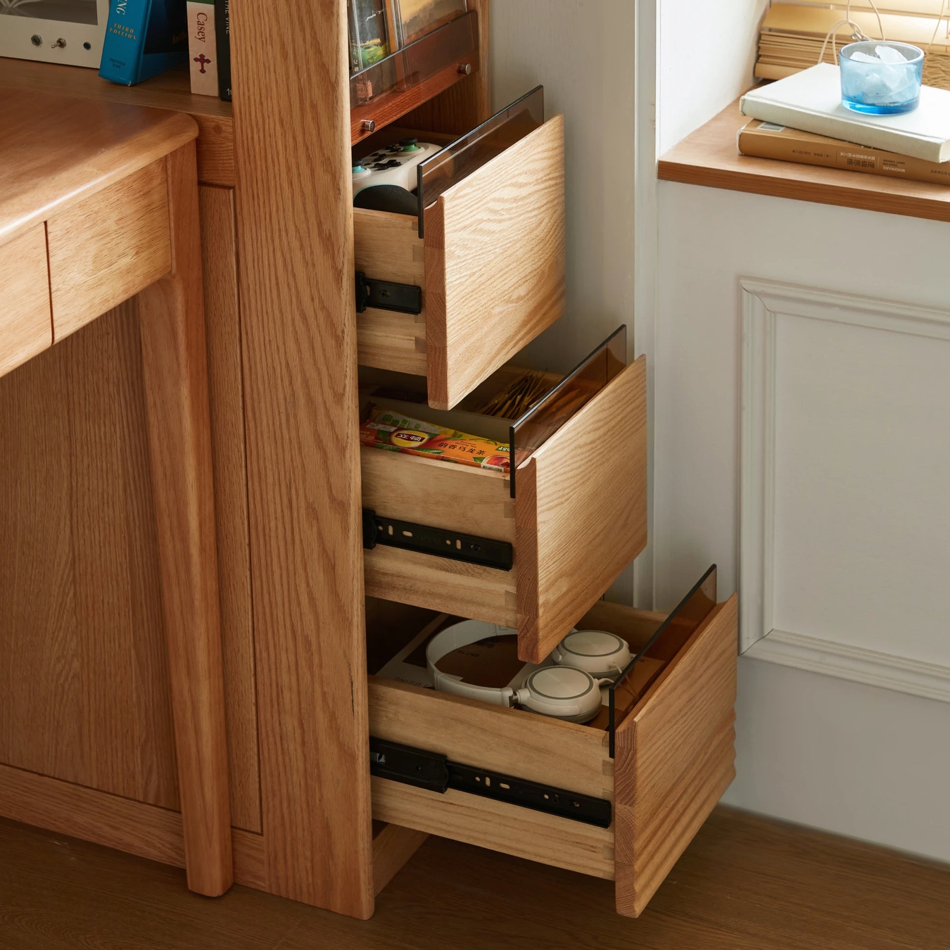 Linspire Oaklyn Solid Oak Slim Display Cabinet with Drawers