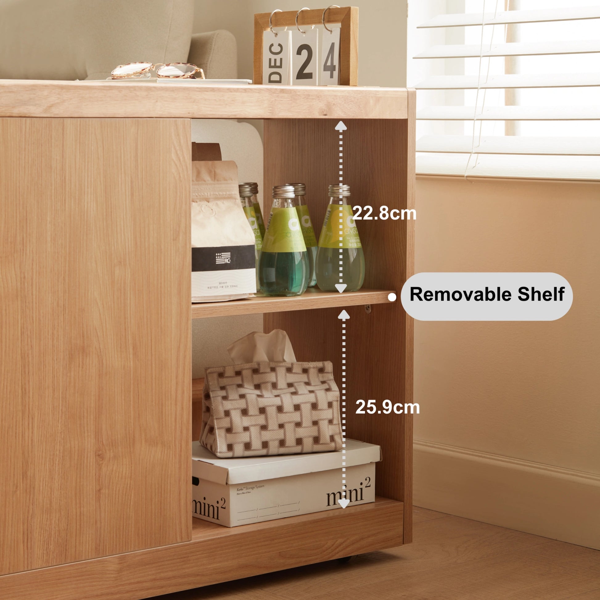 Linspire Cubby Sintered Stone Top Side Table with Castors, 30x70x62cm, Natural Wood