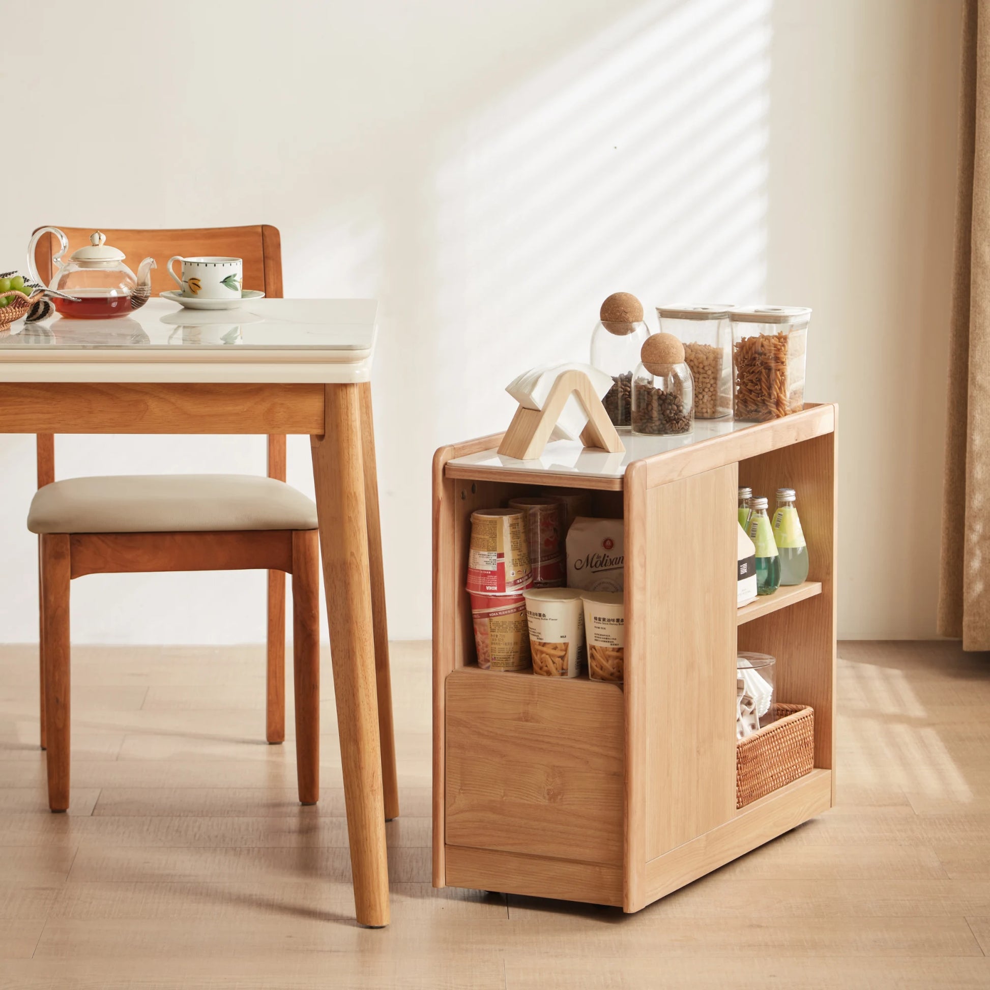 Linspire Cubby Sintered Stone Top Side Table with Castors, 30x70x62cm, Natural Wood