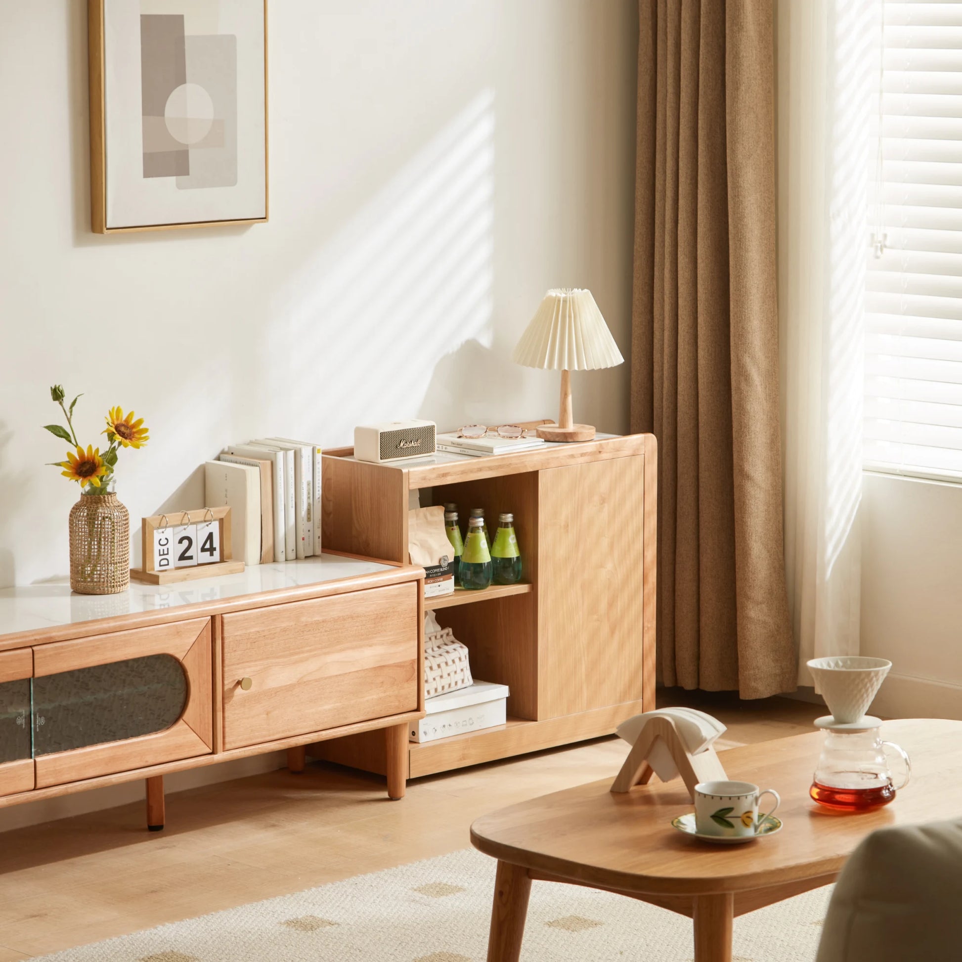 Linspire Cubby Sintered Stone Top Side Table with Castors, 30x70x62cm, Natural Wood