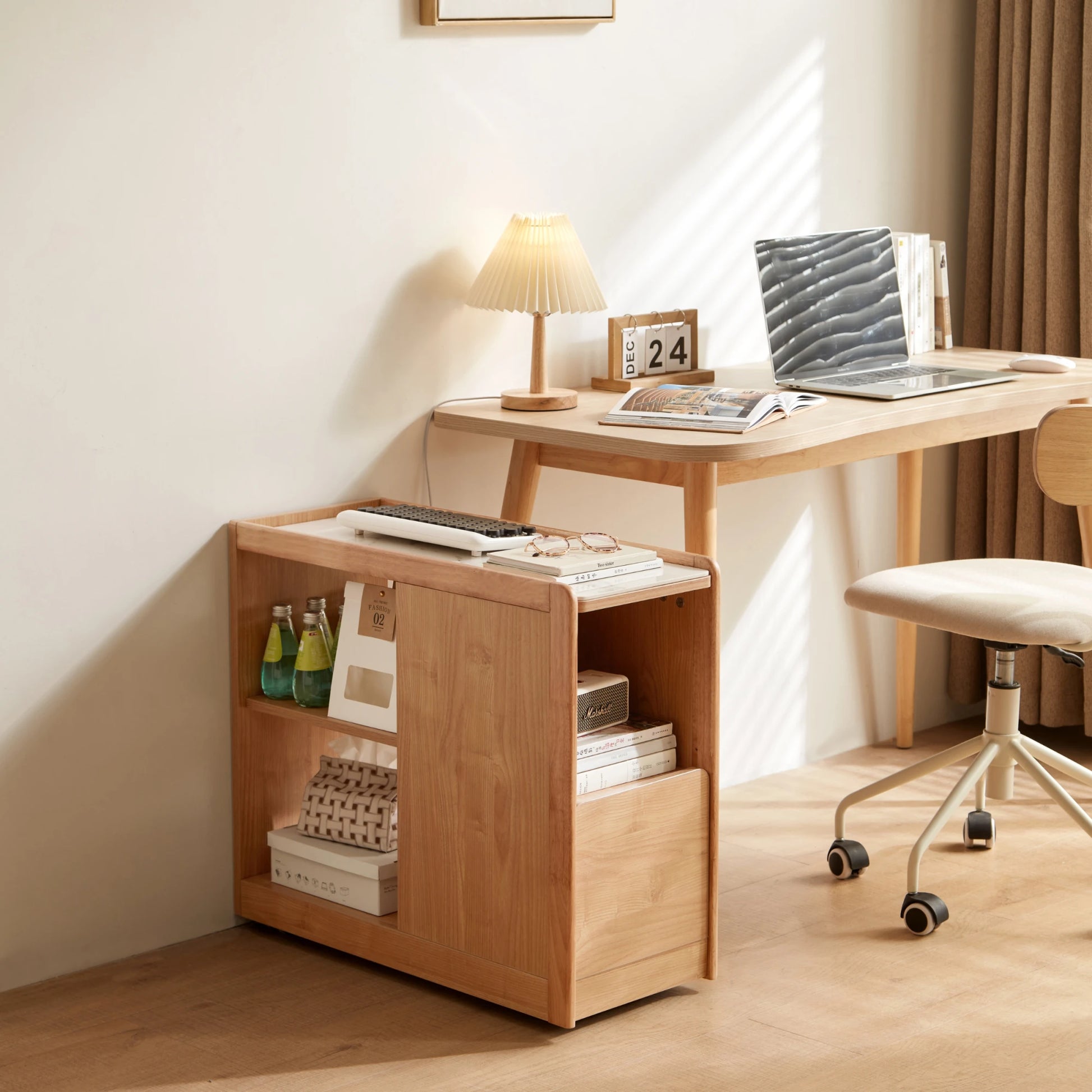 Linspire Cubby Sintered Stone Top Side Table with Castors, 30x70x62cm, Natural Wood