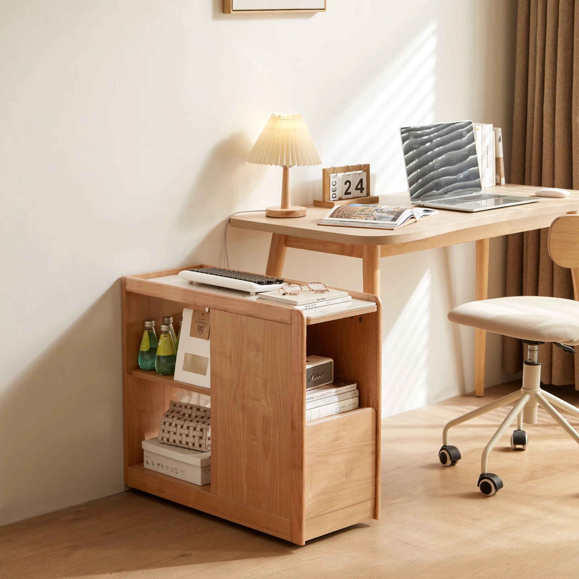 Linspire Cubby Sintered Stone Top Side Table with Castors, 30x70x62cm, Natural Wood