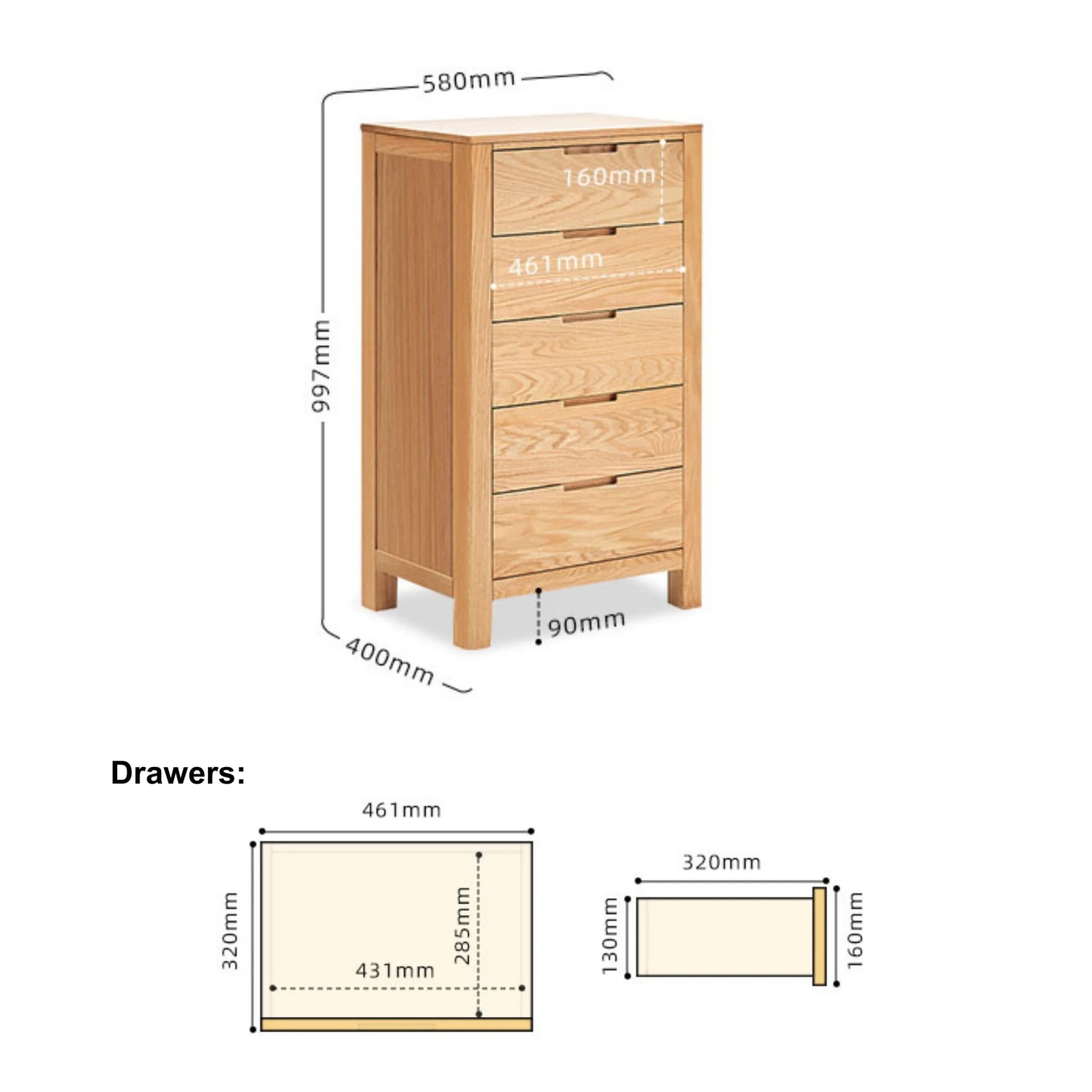 Solidwood Norway 3PCS Bedroom Set, 5-Drawer Tall Boy