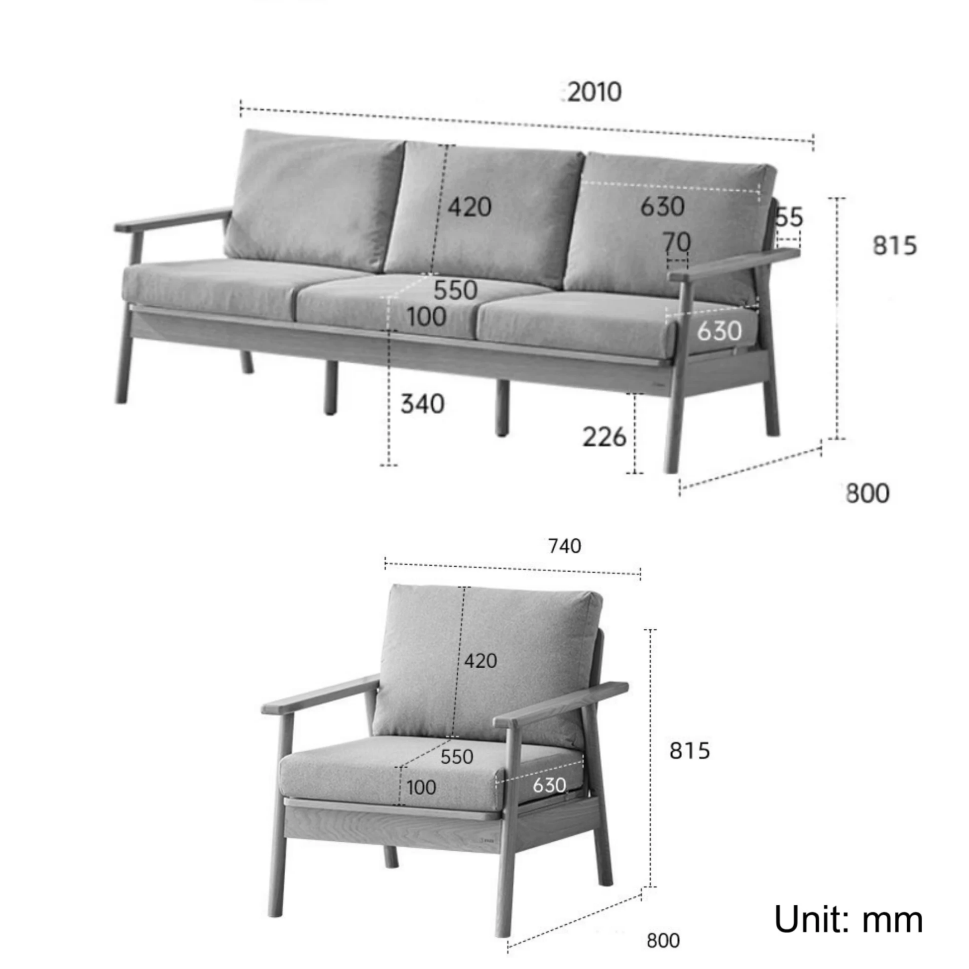 Solidwood Seattle 2PCS Sofa Set, 3+1 Seater, Natural Wood