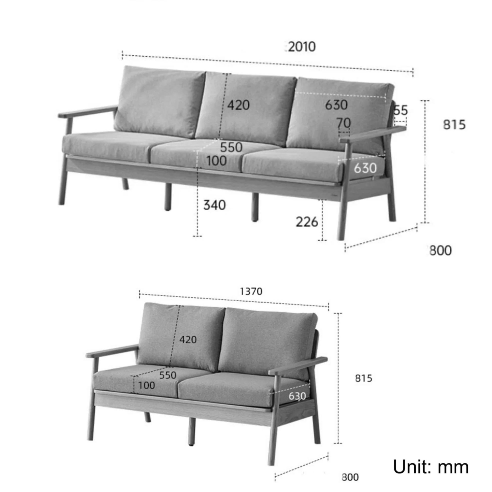 Solidwood Seattle 2PCS Sofa Set, 3+2 Seater, Natural Wood