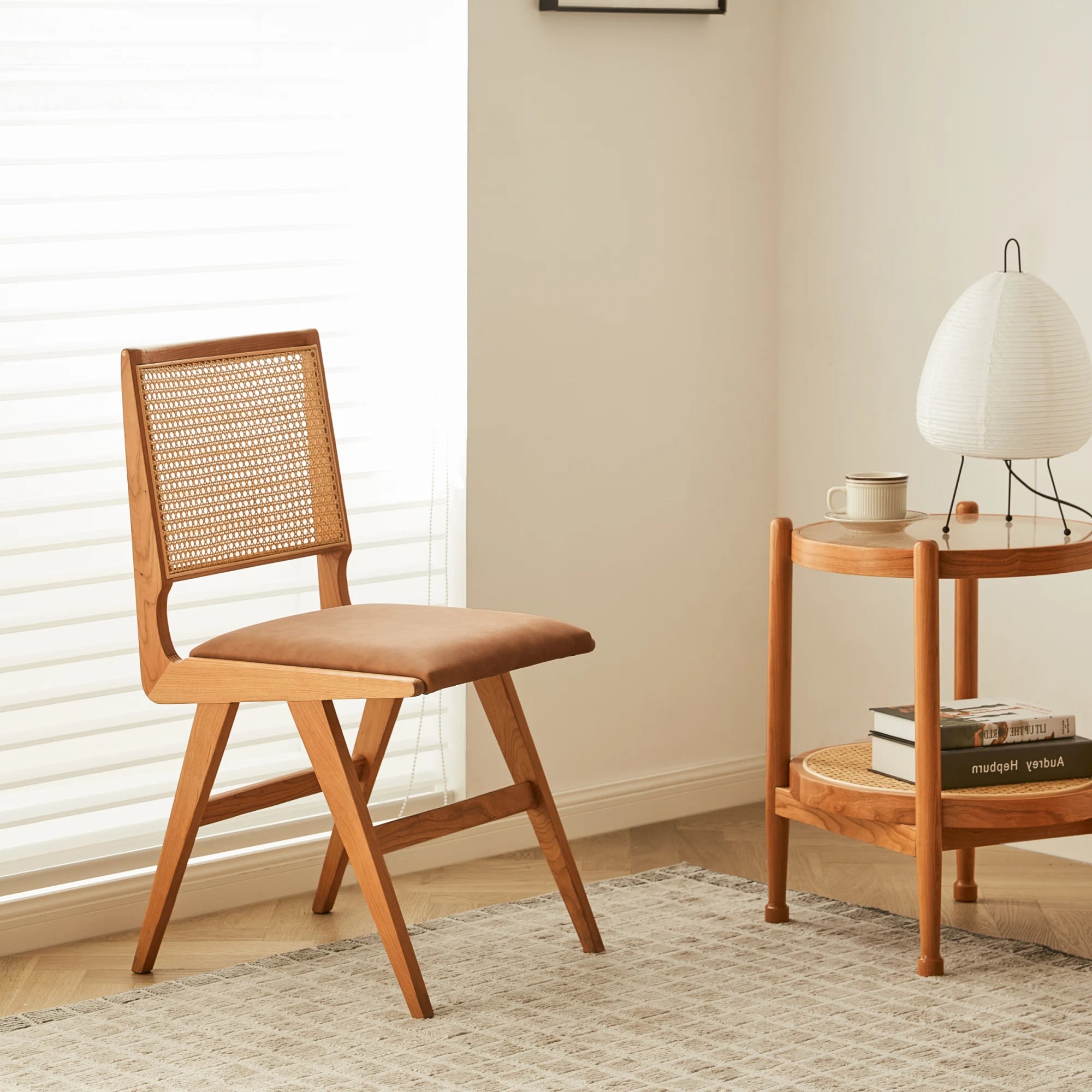 Solidwood Calamo Cherry Dining Chairs with Rattan Back, Set of 2