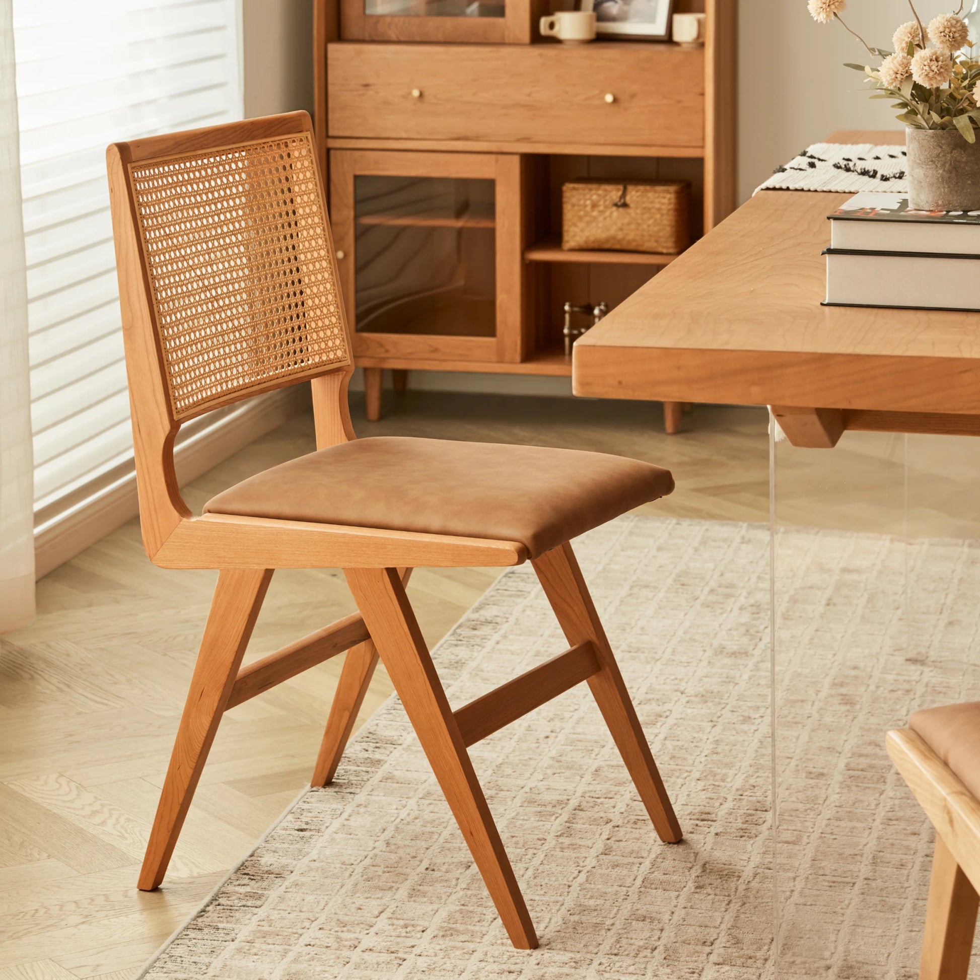 Solidwood Calamo Cherry Dining Chairs with Rattan Back, Set of 2