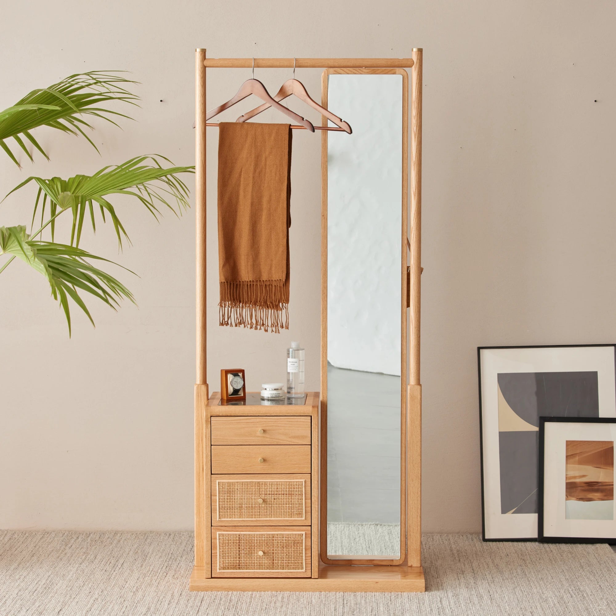 Solidwood Calamo Clothes Rack with Mirror & Drawer Unit, Natural Wood
