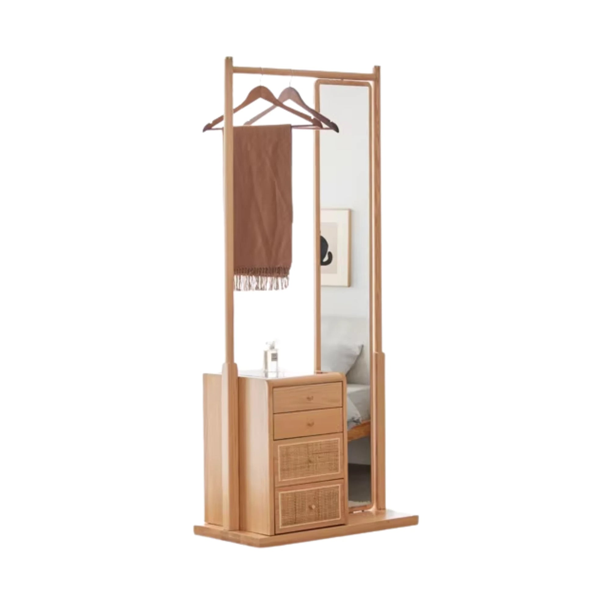 Solidwood Calamo Clothes Rack with Mirror & Drawer Unit, Natural Wood