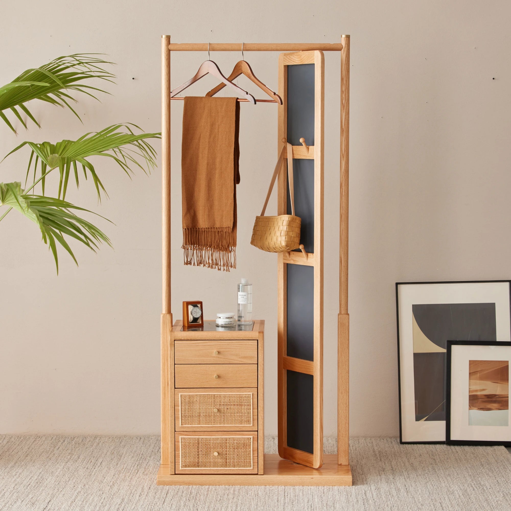 Solidwood Calamo Clothes Rack with Mirror & Drawer Unit, Natural Wood