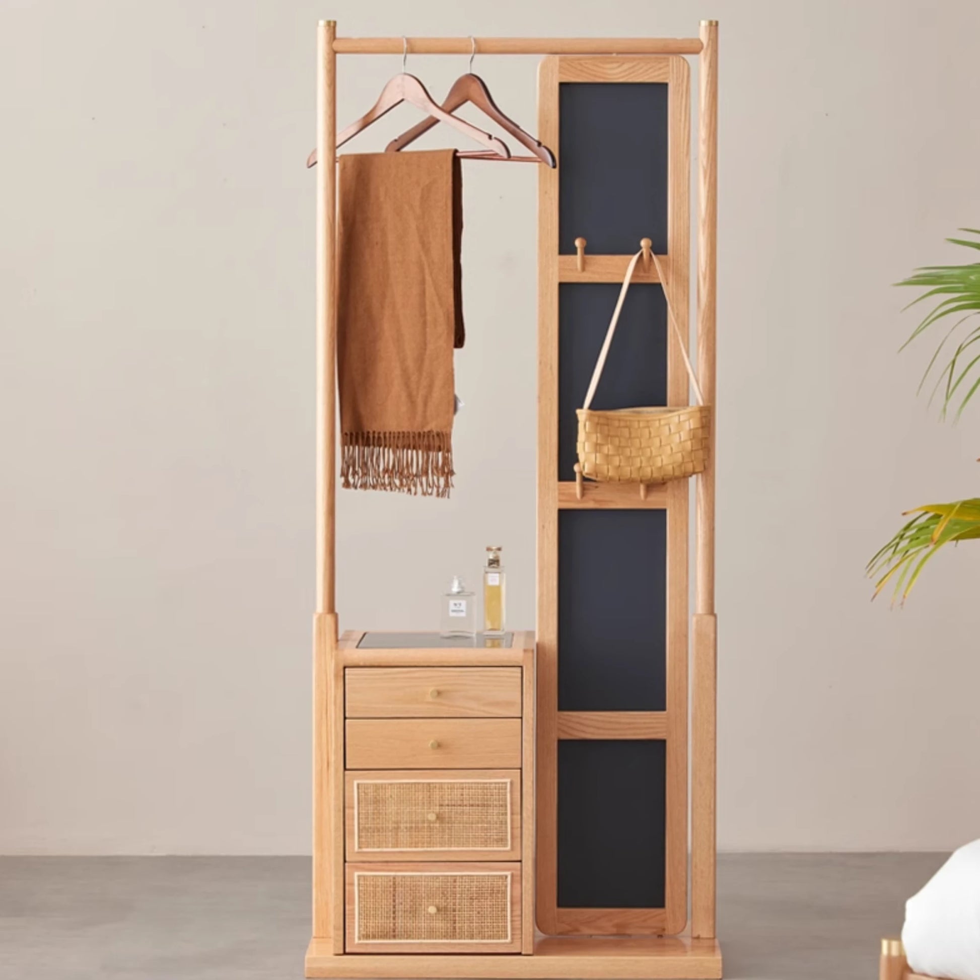 Solidwood Calamo Clothes Rack with Mirror & Drawer Unit, Natural Wood