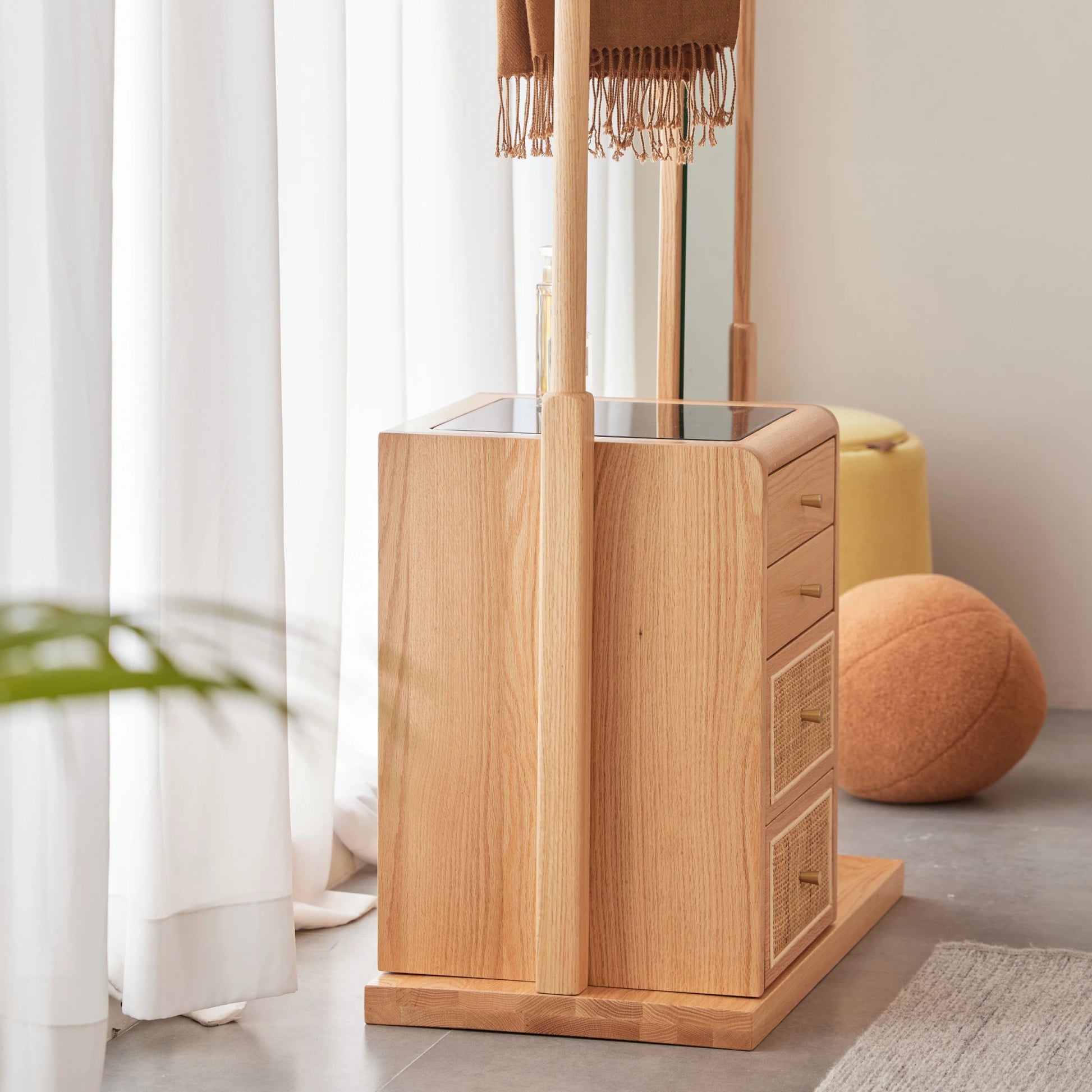 Solidwood Calamo Clothes Rack with Mirror & Drawer Unit, Natural Wood
