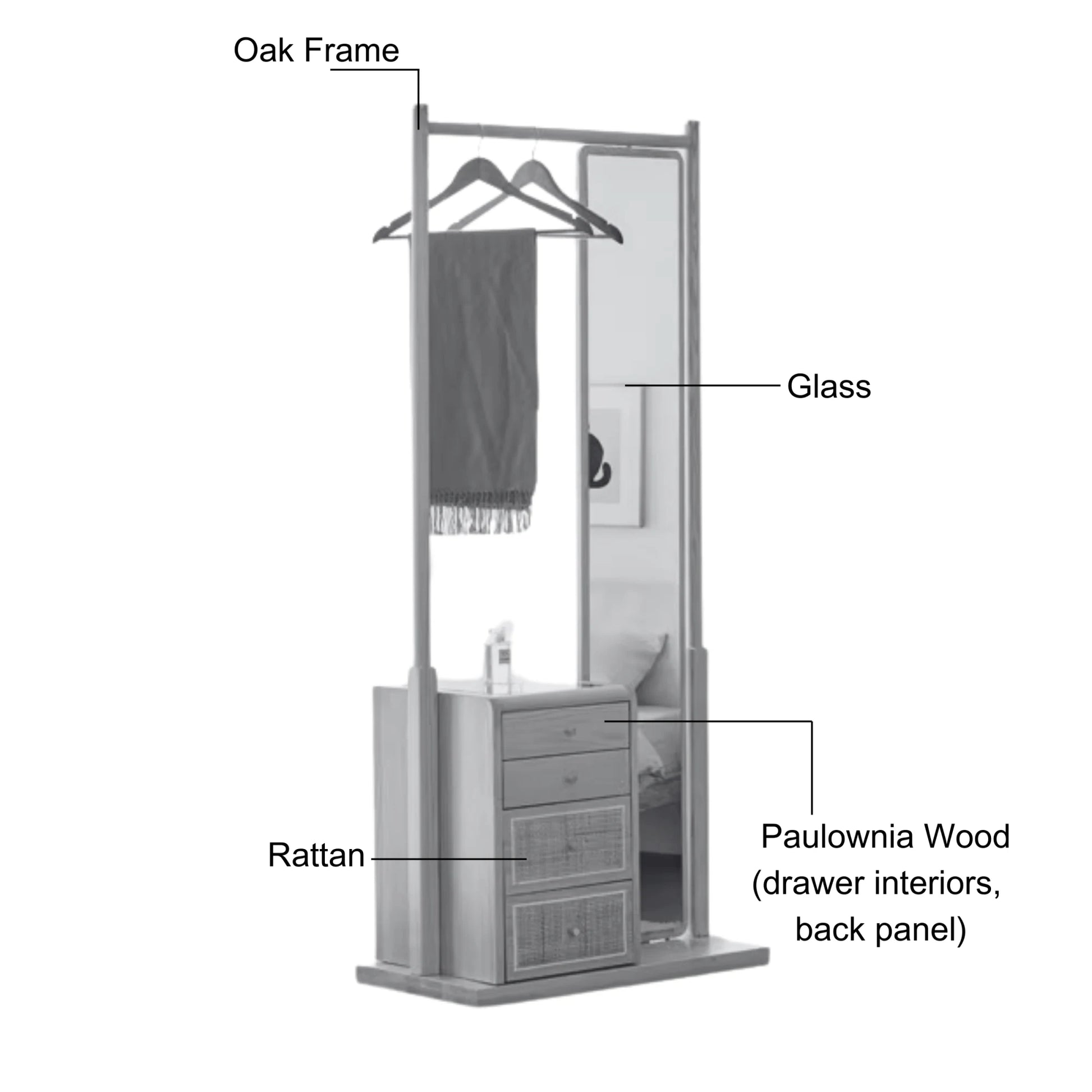 Solidwood Calamo Clothes Rack with Mirror & Drawer Unit, Natural Wood