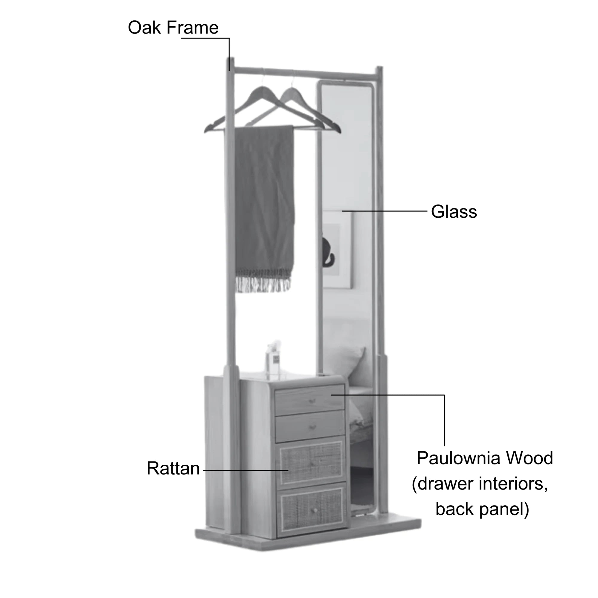 Solidwood Calamo Clothes Rack with Mirror & Drawer Unit, Natural Wood