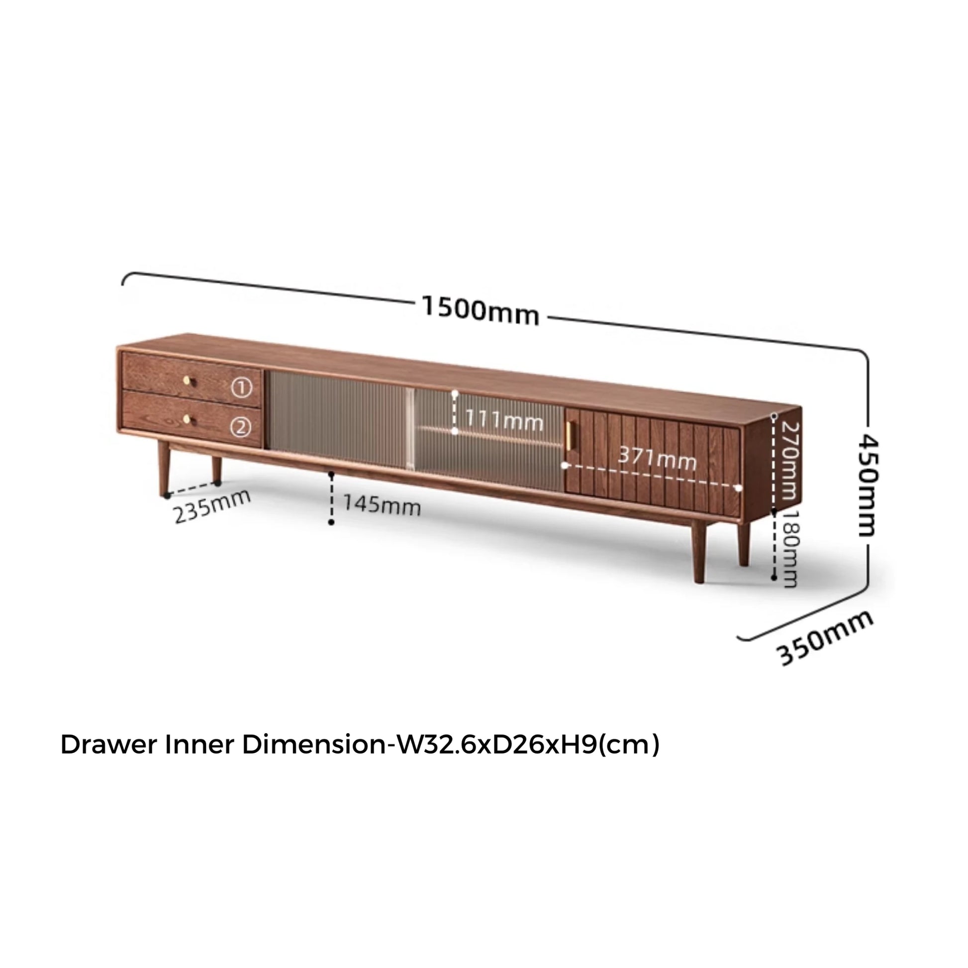 Solidwood Danya Entertainment Unit with Glass Doors, 150cm