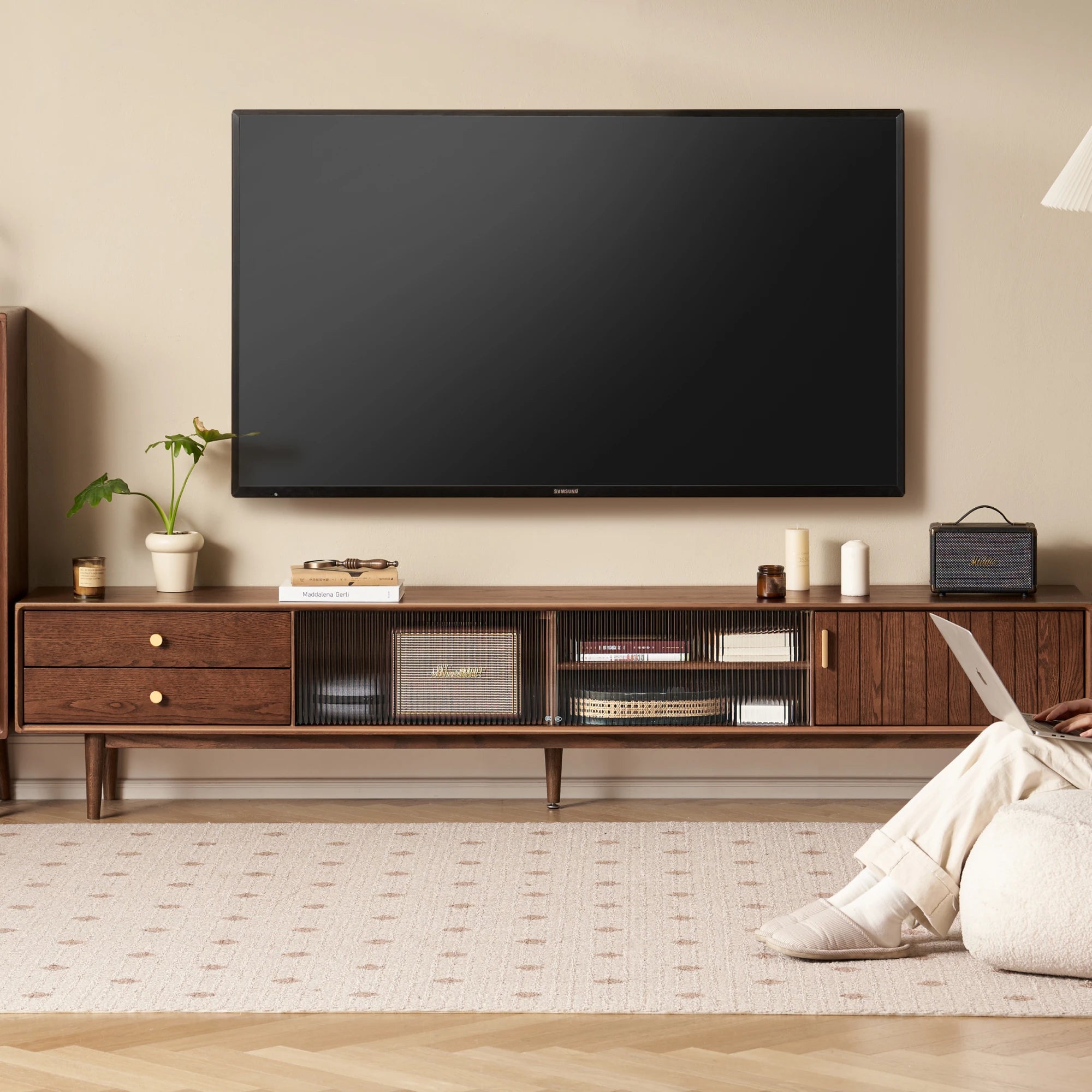 Solidwood Danya Entertainment Unit with Glass Doors, 200cm