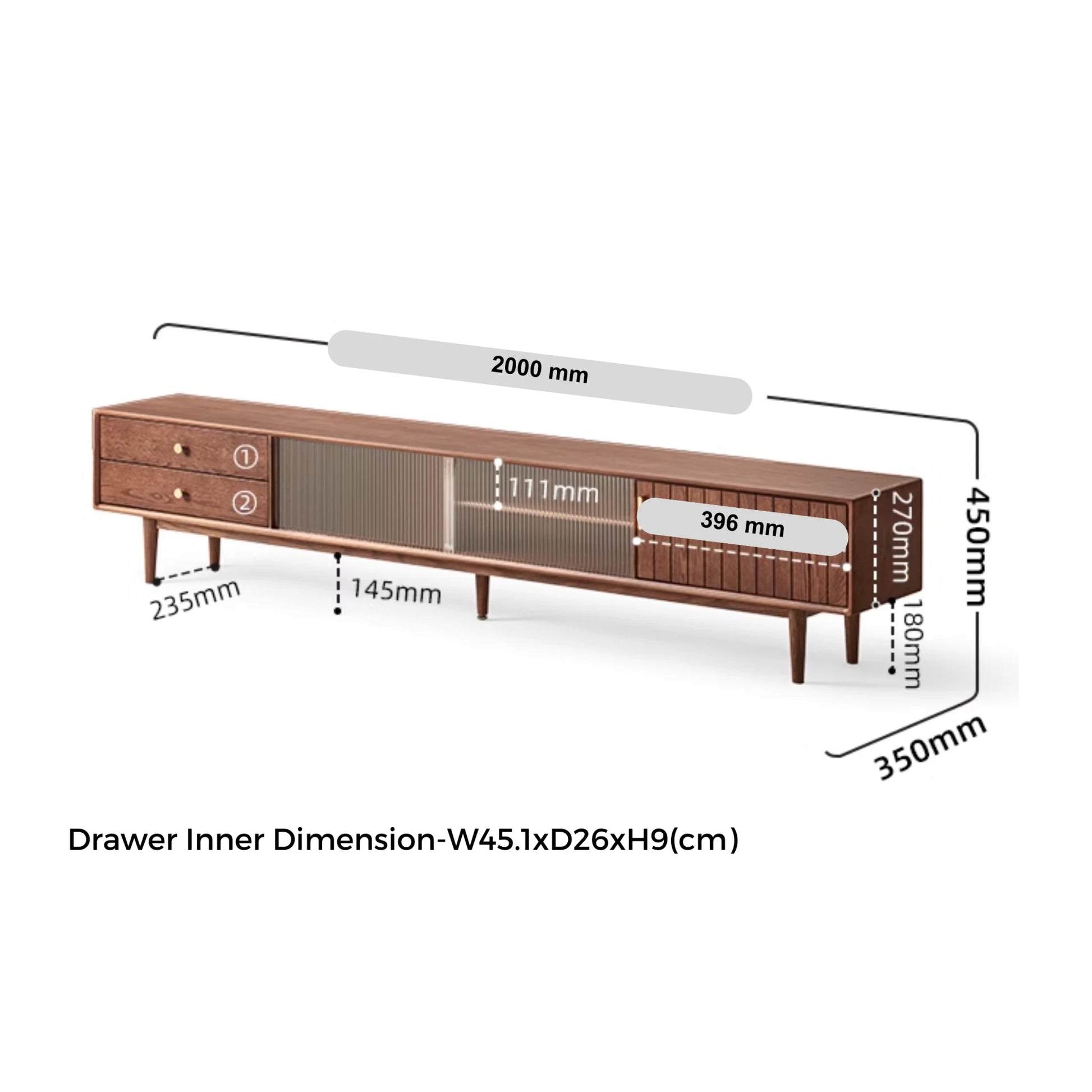 Solidwood Danya Entertainment Unit with Glass Doors, 200cm