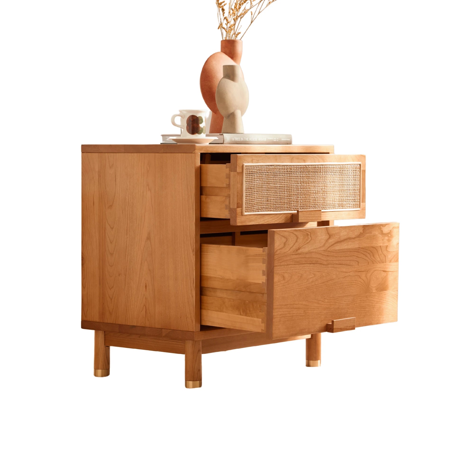 Solidwood Quartz Cherry Bedside Table with Rattan
