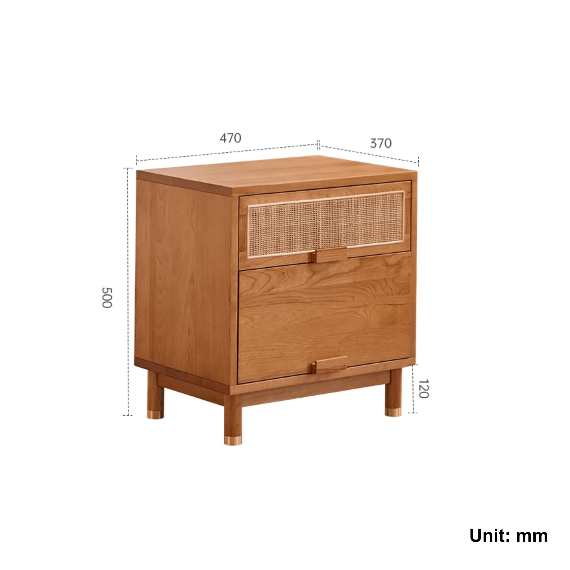 Solidwood Quartz Cherry Bedside Table with Rattan
