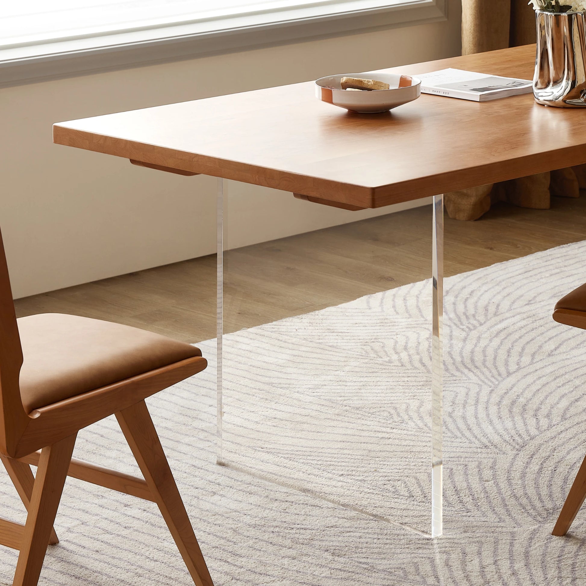 Solidwood Elvoraa Cherry Dining Table With Acrylic Legs, Natural Wood, Transparent