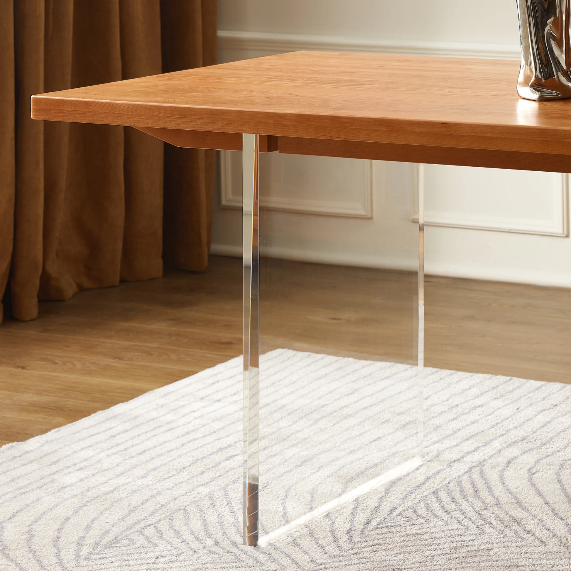 Solidwood Elvoraa Cherry Dining Table With Acrylic Legs, Natural Wood, Transparent
