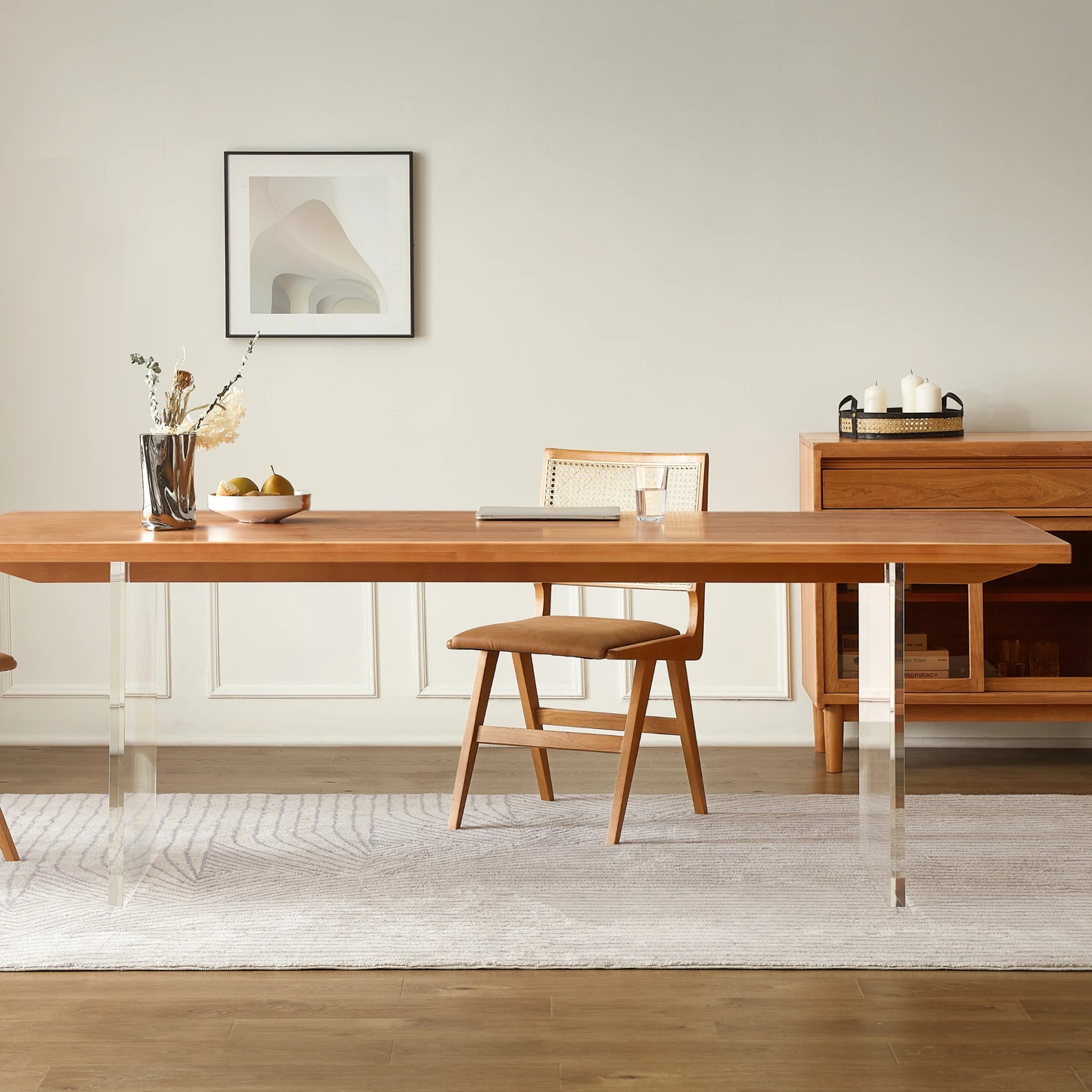 Solidwood Elvoraa Cherry Dining Table With Acrylic Legs, Natural Wood, Transparent