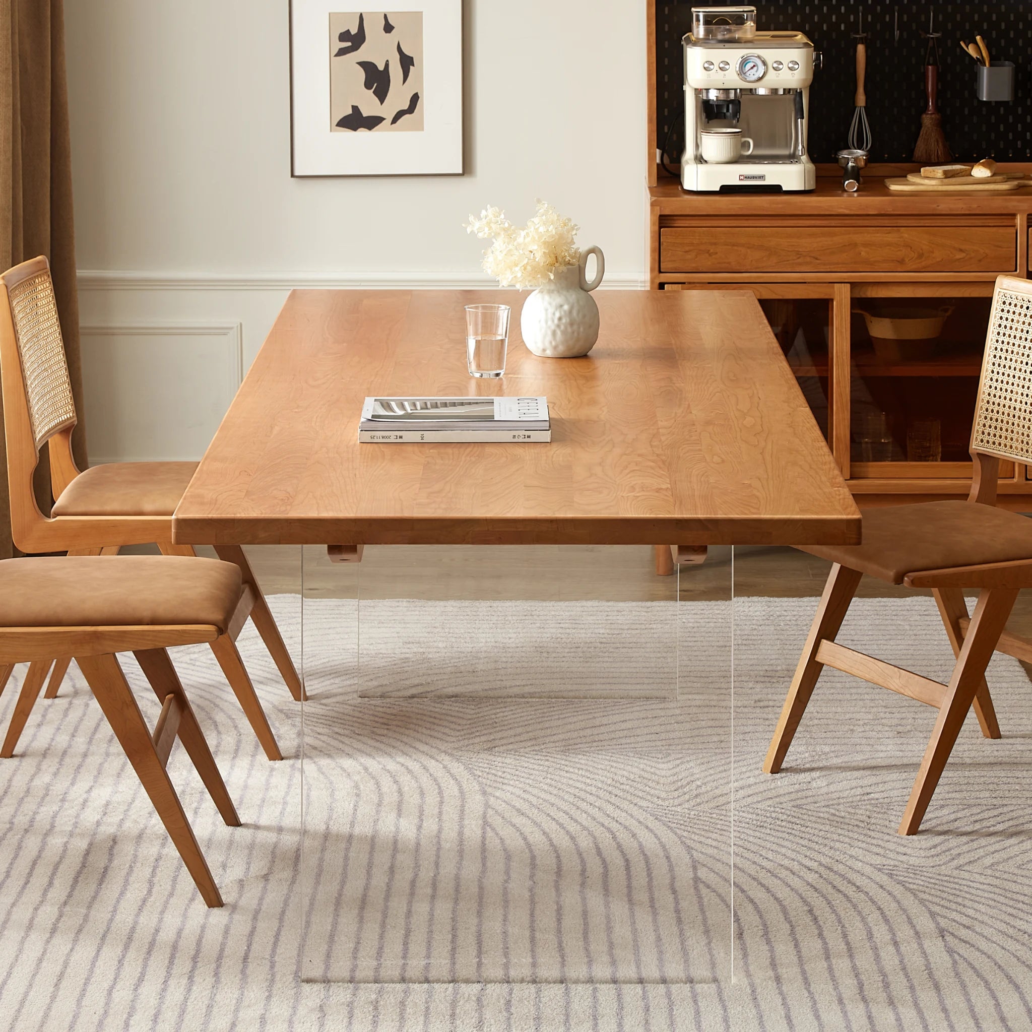 Solidwood Elvoraa Cherry Dining Table With Acrylic Legs, Natural Wood, Transparent