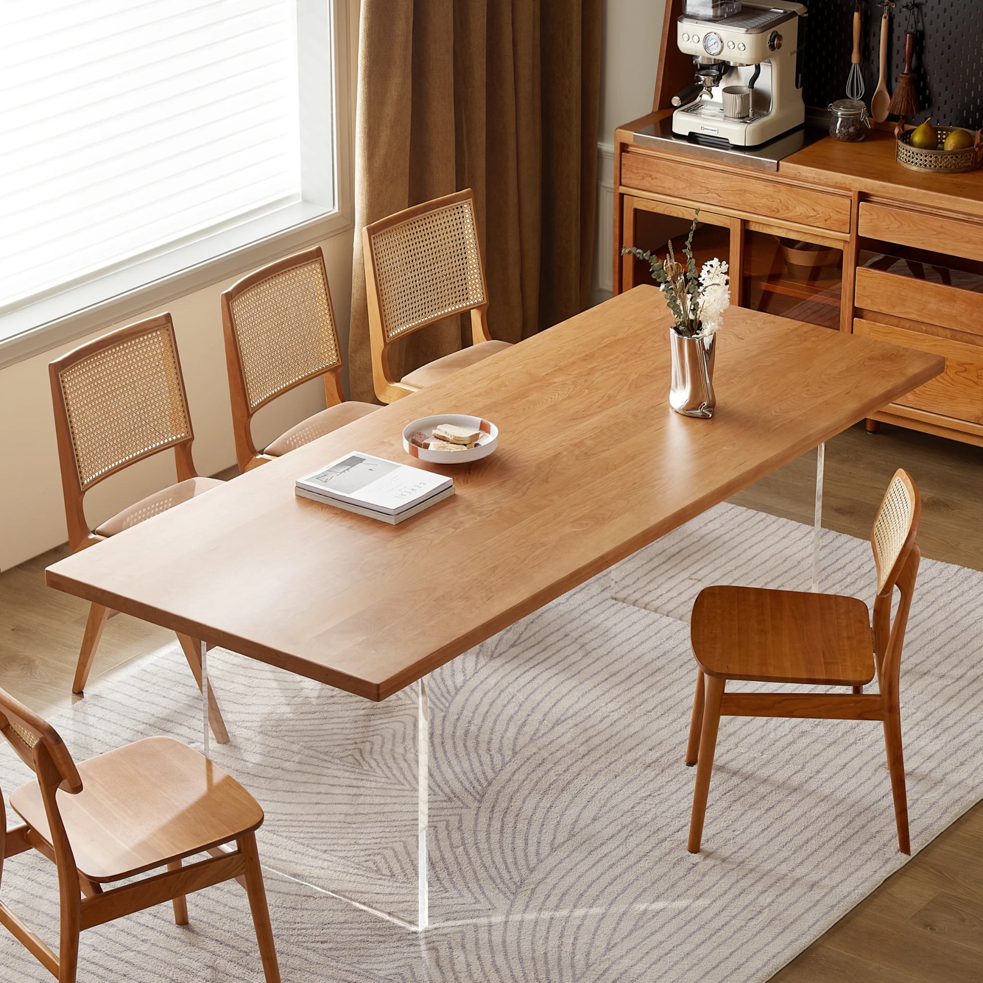 Solidwood Elvoraa Cherry Dining Table With Acrylic Legs, Natural Wood, Transparent