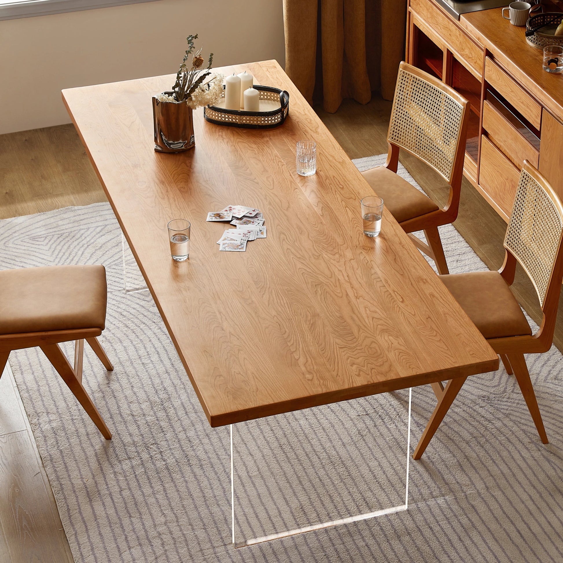 Solidwood Elvoraa Cherry Dining Table With Acrylic Legs, Natural Wood, Transparent