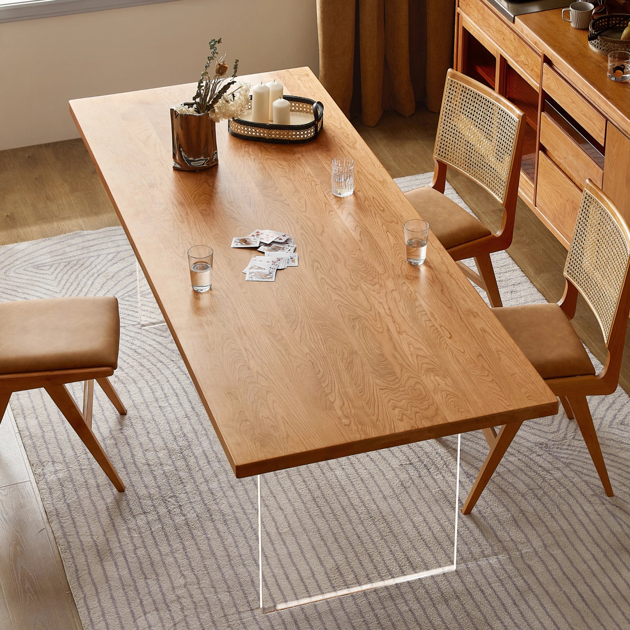 Solidwood Elvoraa Cherry Dining Table With Acrylic Legs, Natural Wood, Transparent
