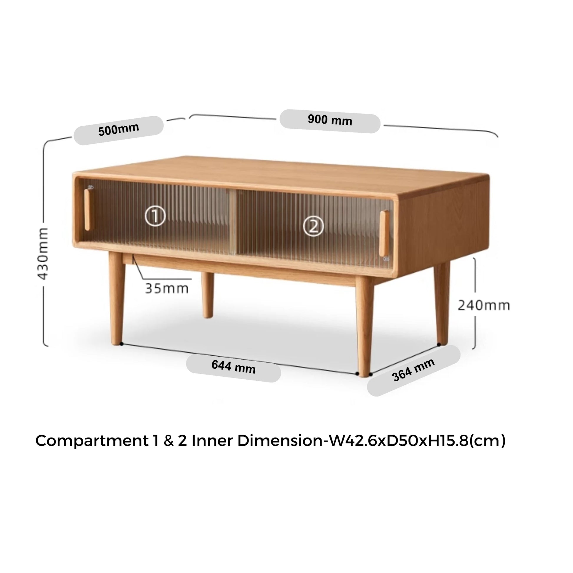 Solidwood Fuji Coffee Table with Glass Doors, 90cm
