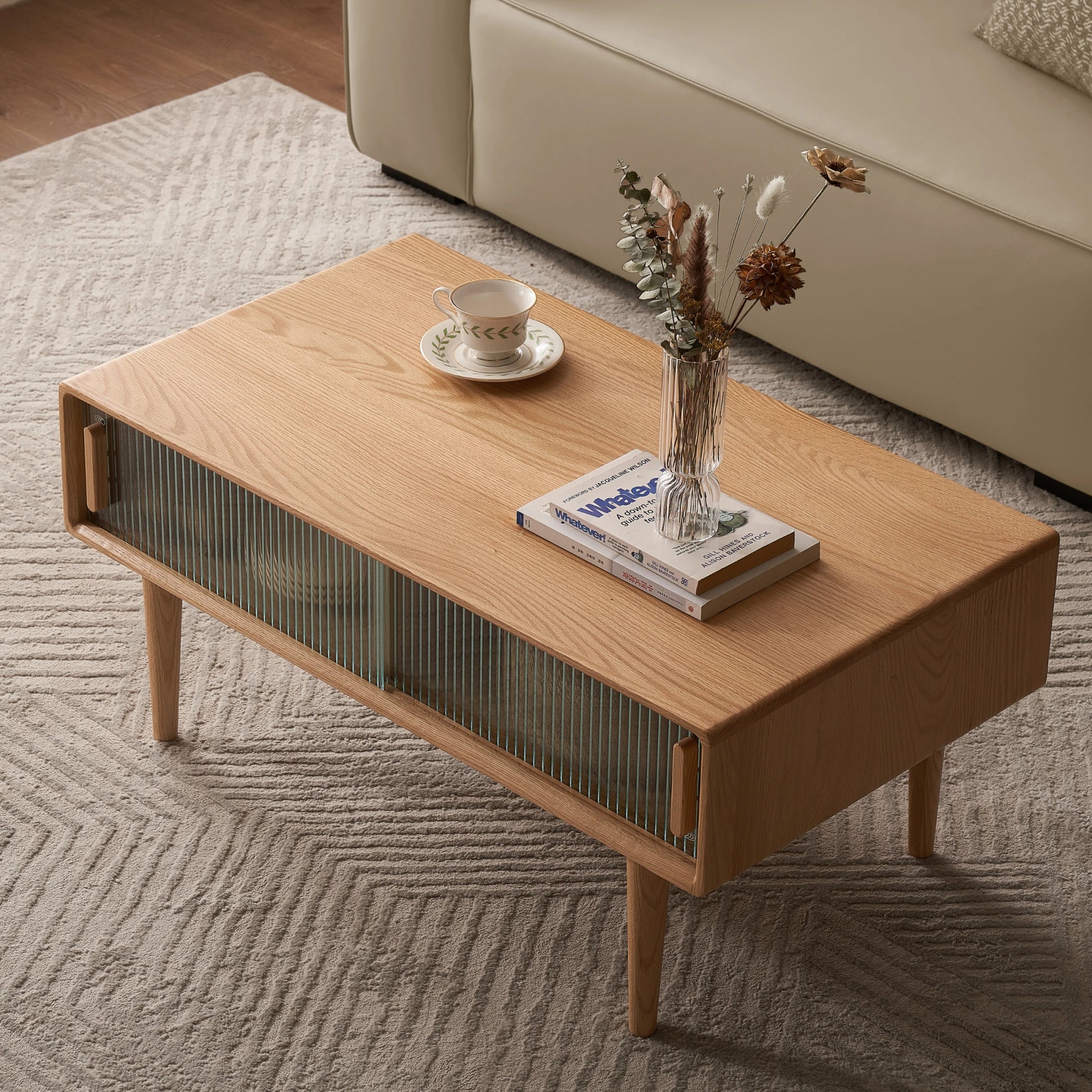 Solidwood Fuji Coffee Table with Glass Doors, 110cm
