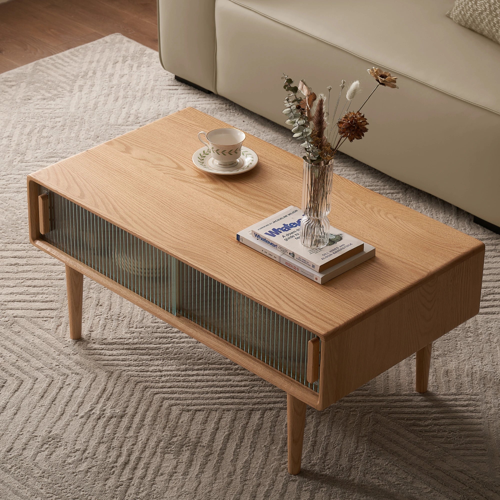 Solidwood Fuji Coffee Table with Glass Doors, 110cm