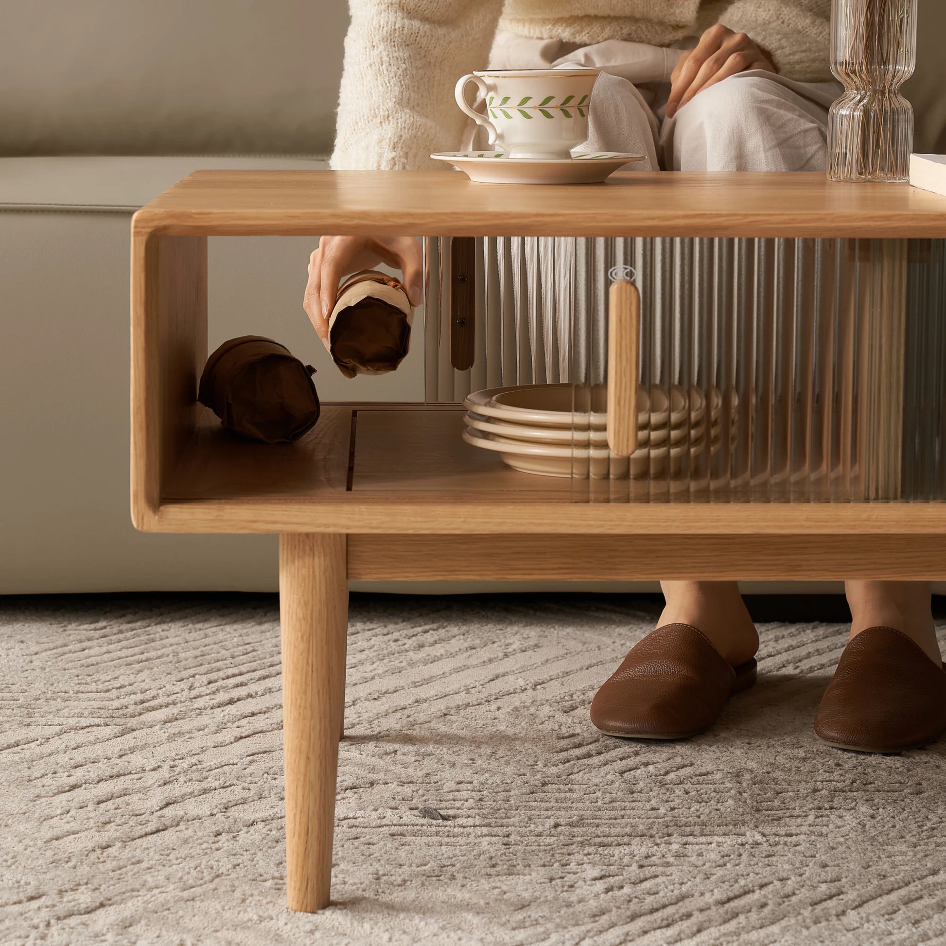 Solidwood Fuji Coffee Table with Glass Doors, 110cm