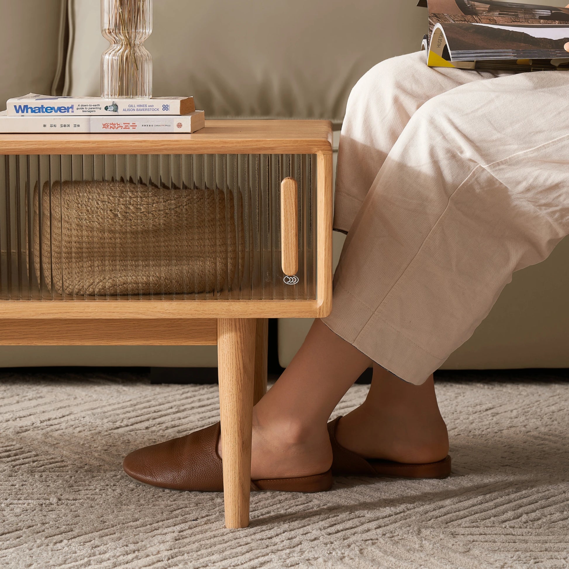 Solidwood Fuji Coffee Table with Glass Doors, 110cm