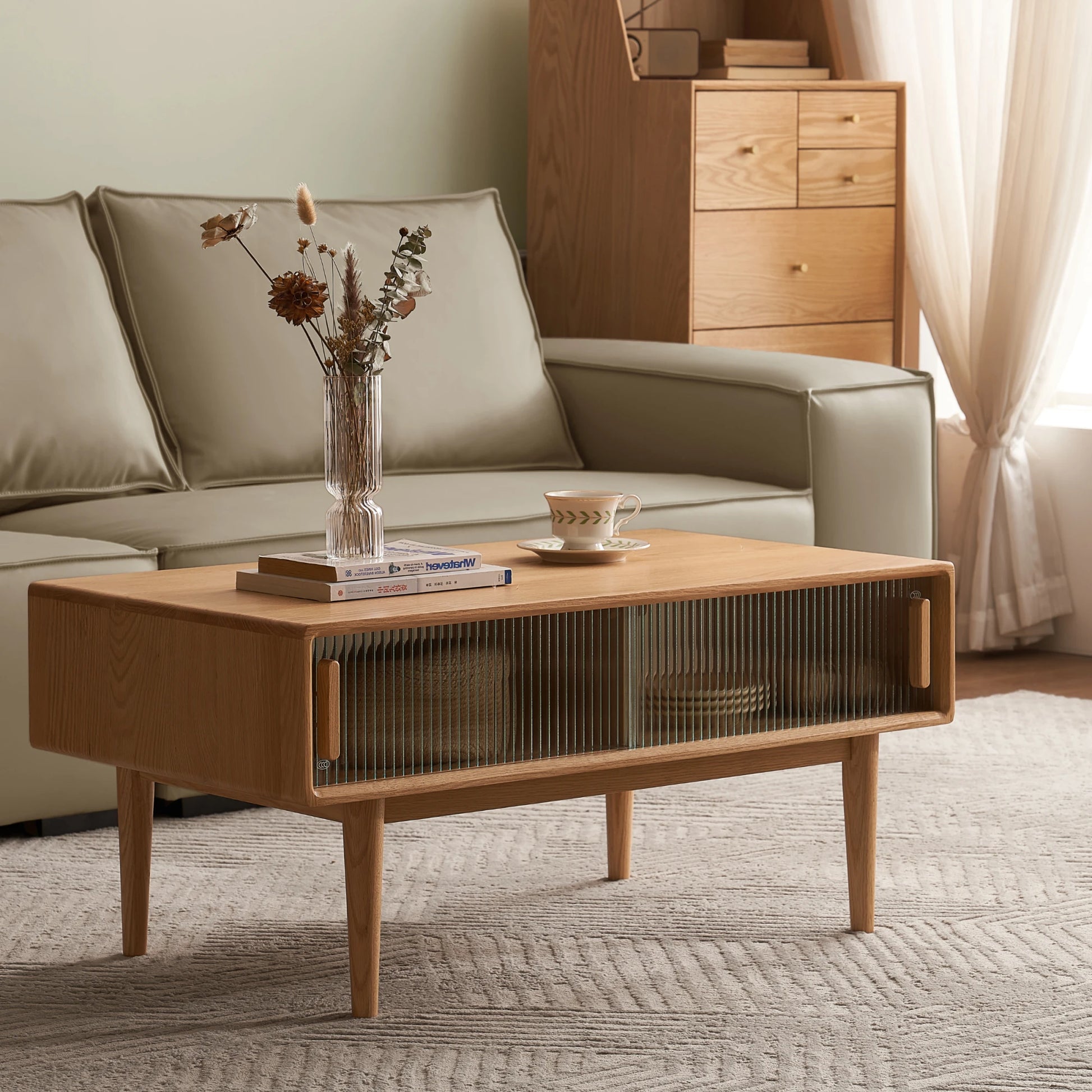 Solidwood Fuji Coffee Table with Glass Doors, 110cm