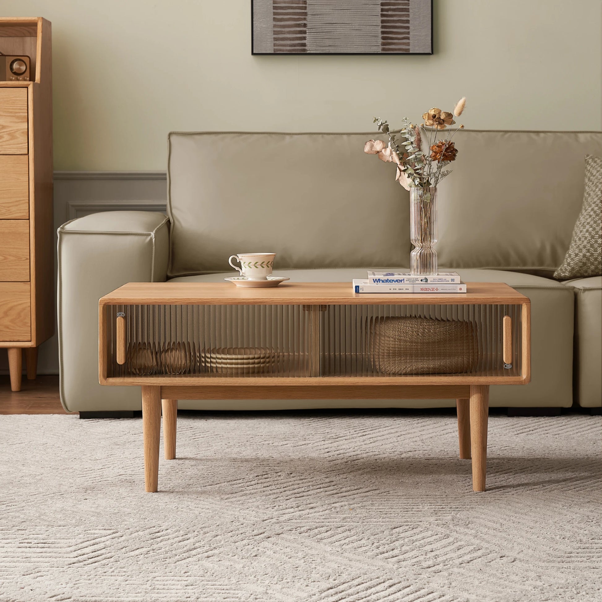 Solidwood Fuji Coffee Table with Glass Doors, 110cm
