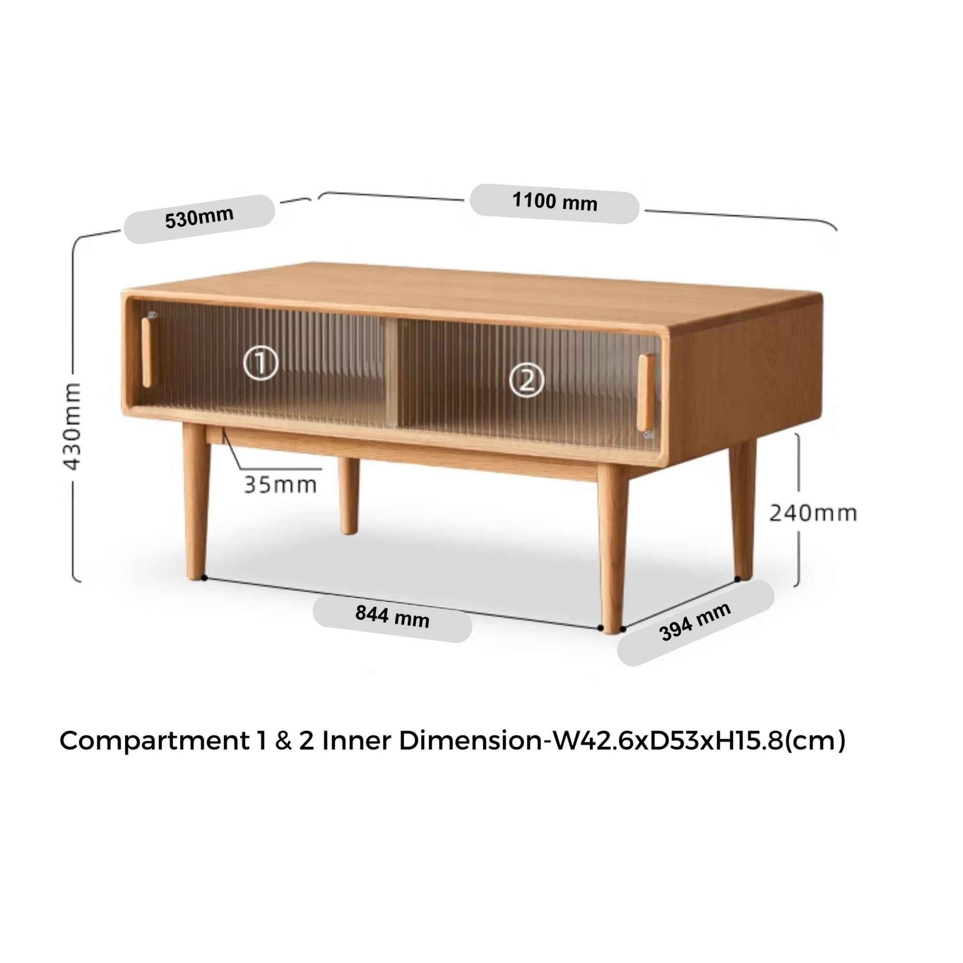 Solidwood Fuji Coffee Table with Glass Doors, 110cm