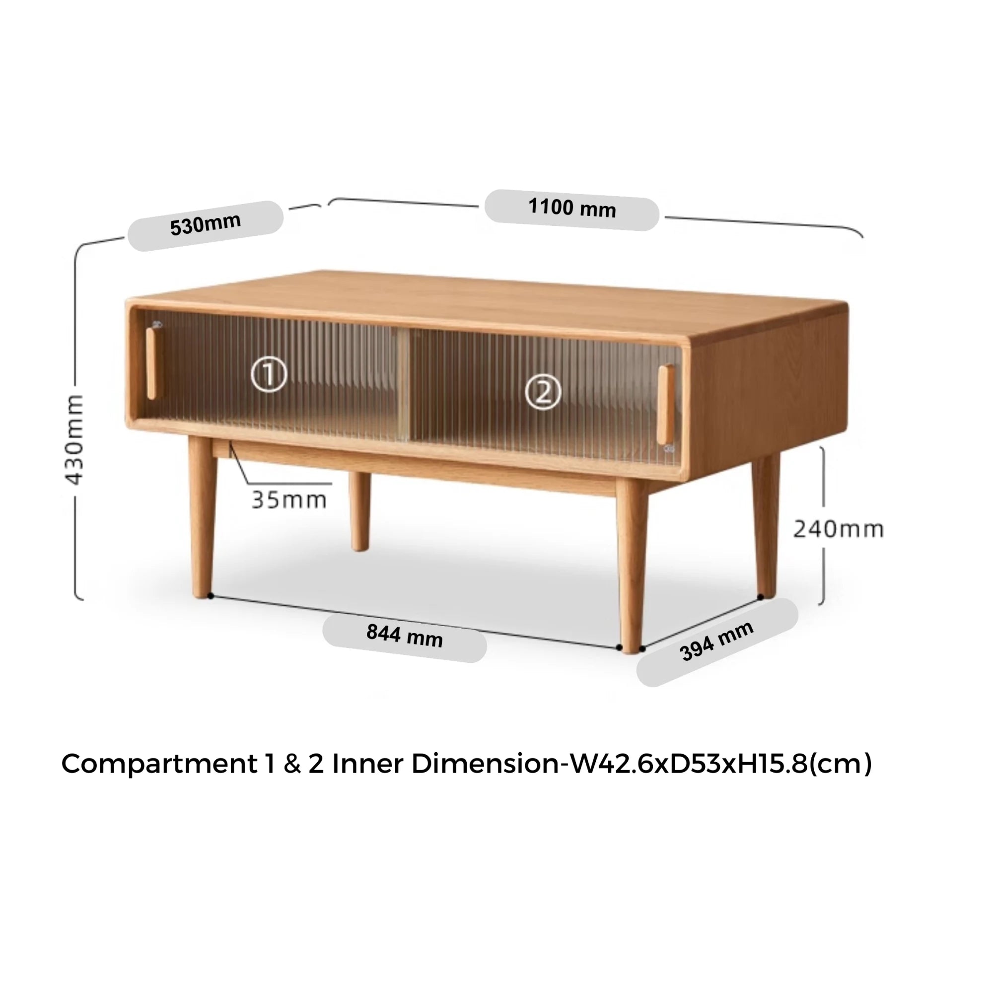 Solidwood Fuji Coffee Table with Glass Doors, 110cm