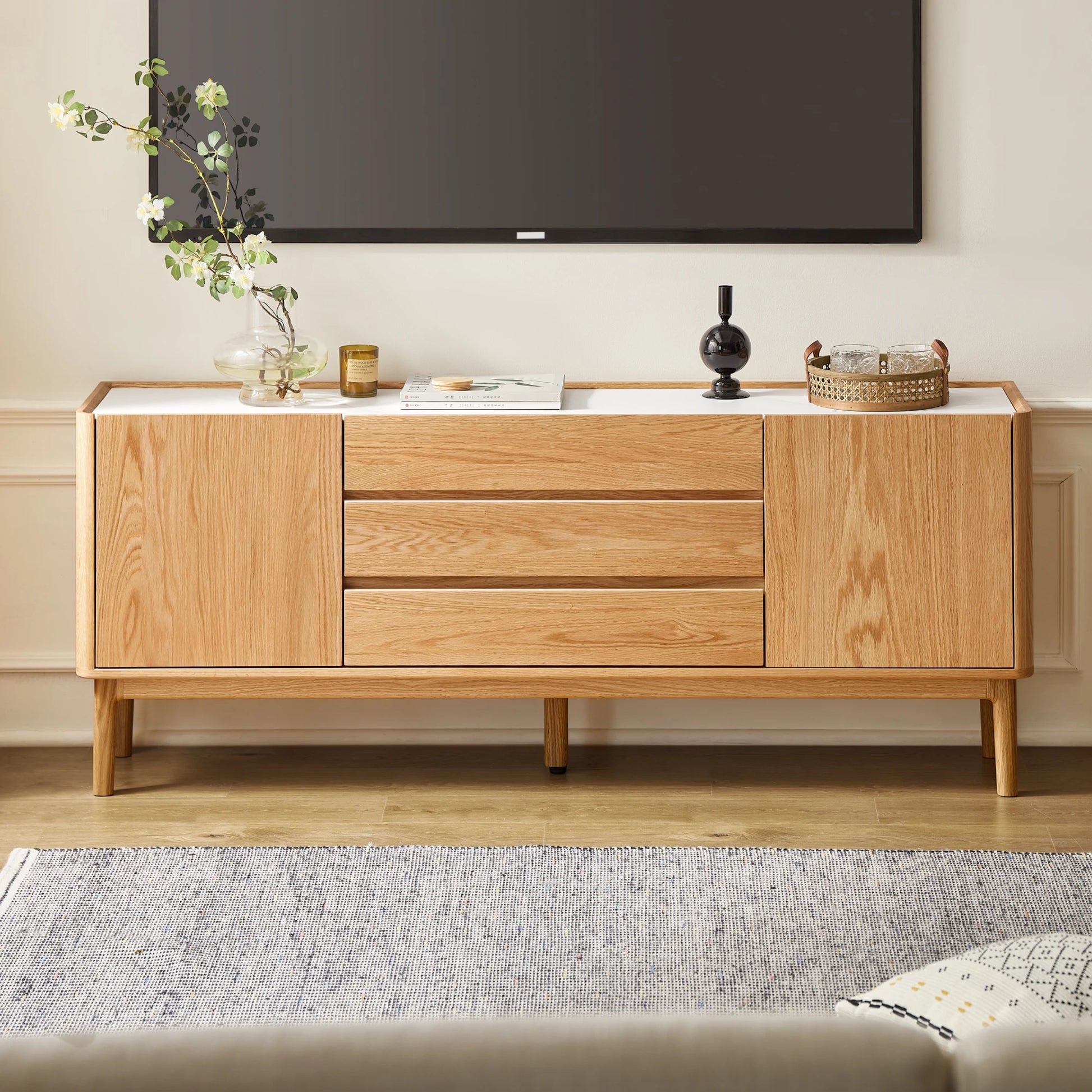 Solidwood Hemura Tall Entertainment Unit with Sintered Stone Top