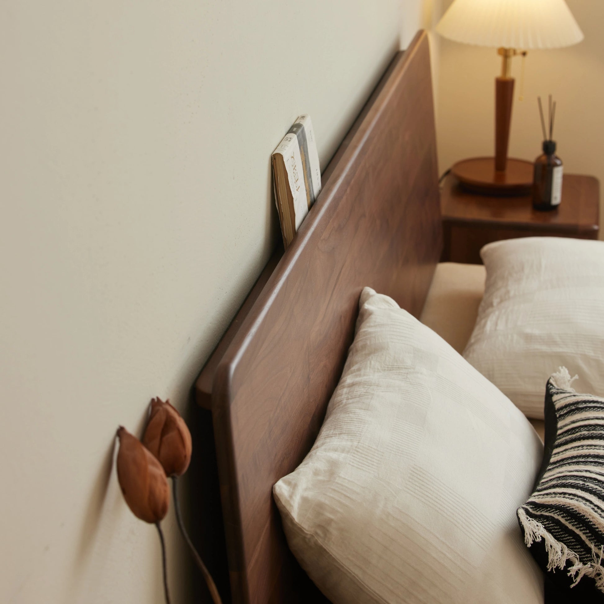 Solidwood Nordin Walnut Bed Frame With Adjustable Headboard, Dark Wood