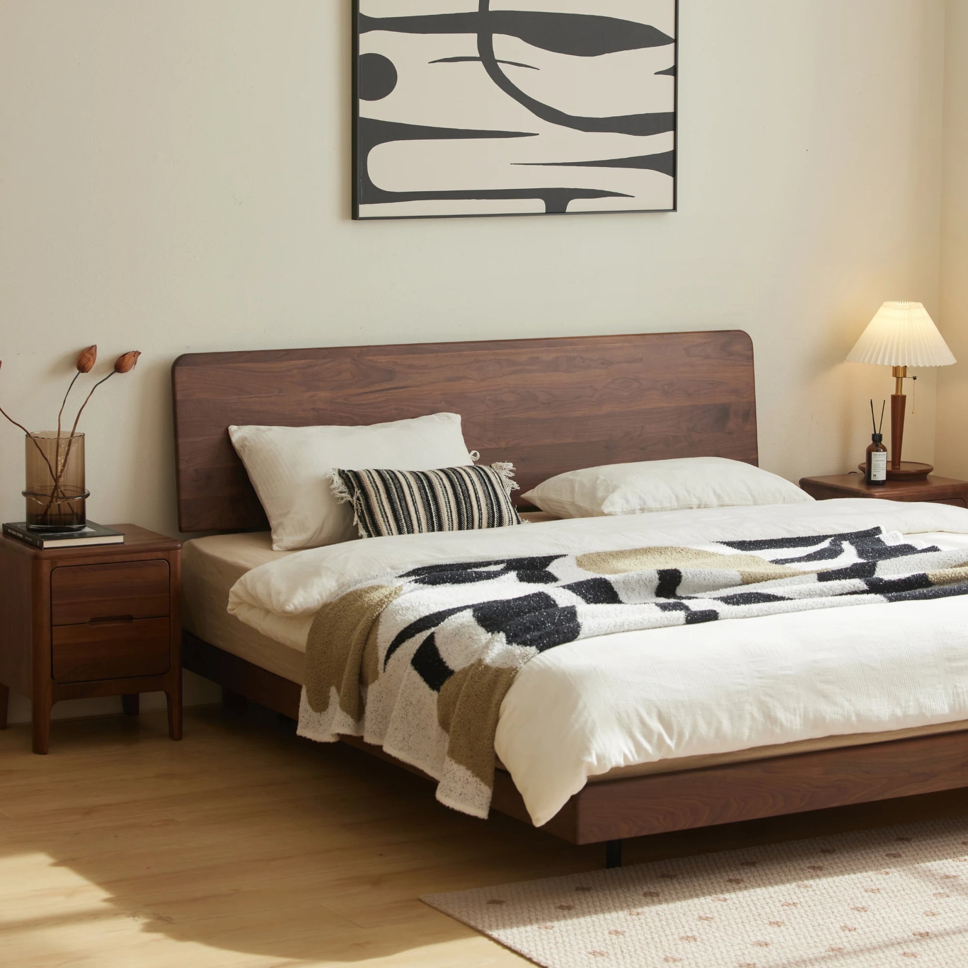 Solidwood Nordin Walnut Bed Frame With Adjustable Headboard, Dark Wood