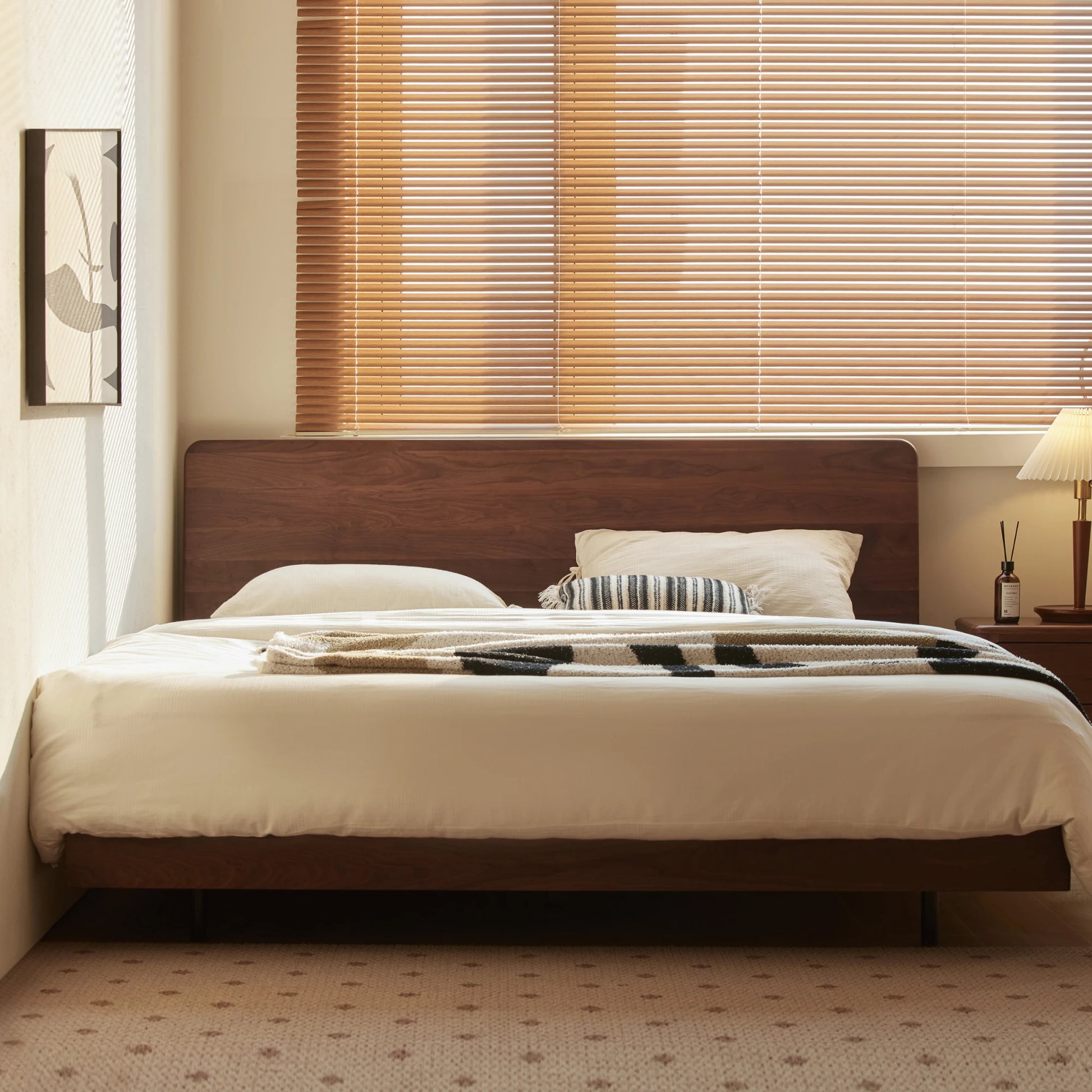 Solidwood Nordin Walnut Bed Frame With Adjustable Headboard, Dark Wood