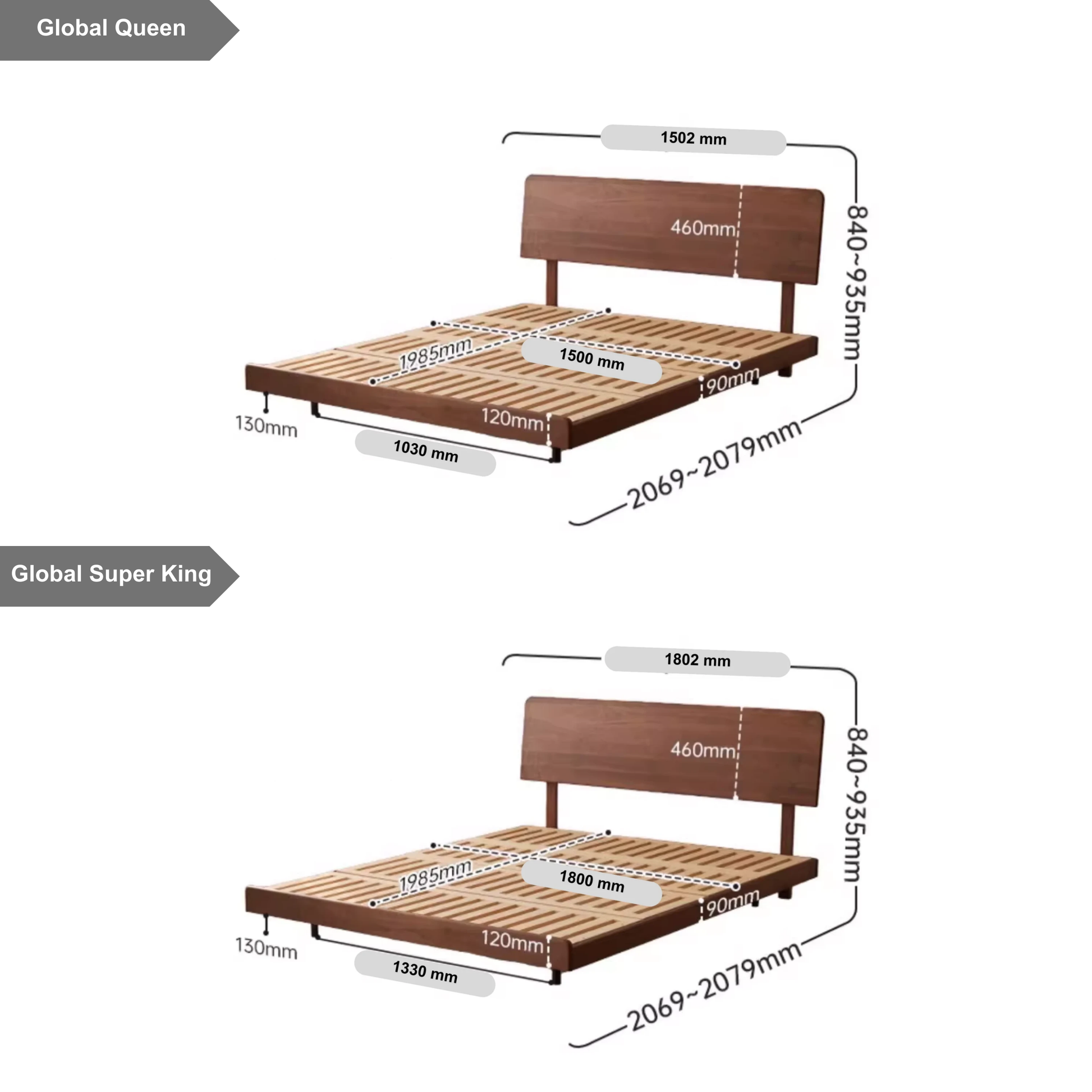 Solidwood Nordin Walnut Bed Frame With Adjustable Headboard, Dark Wood