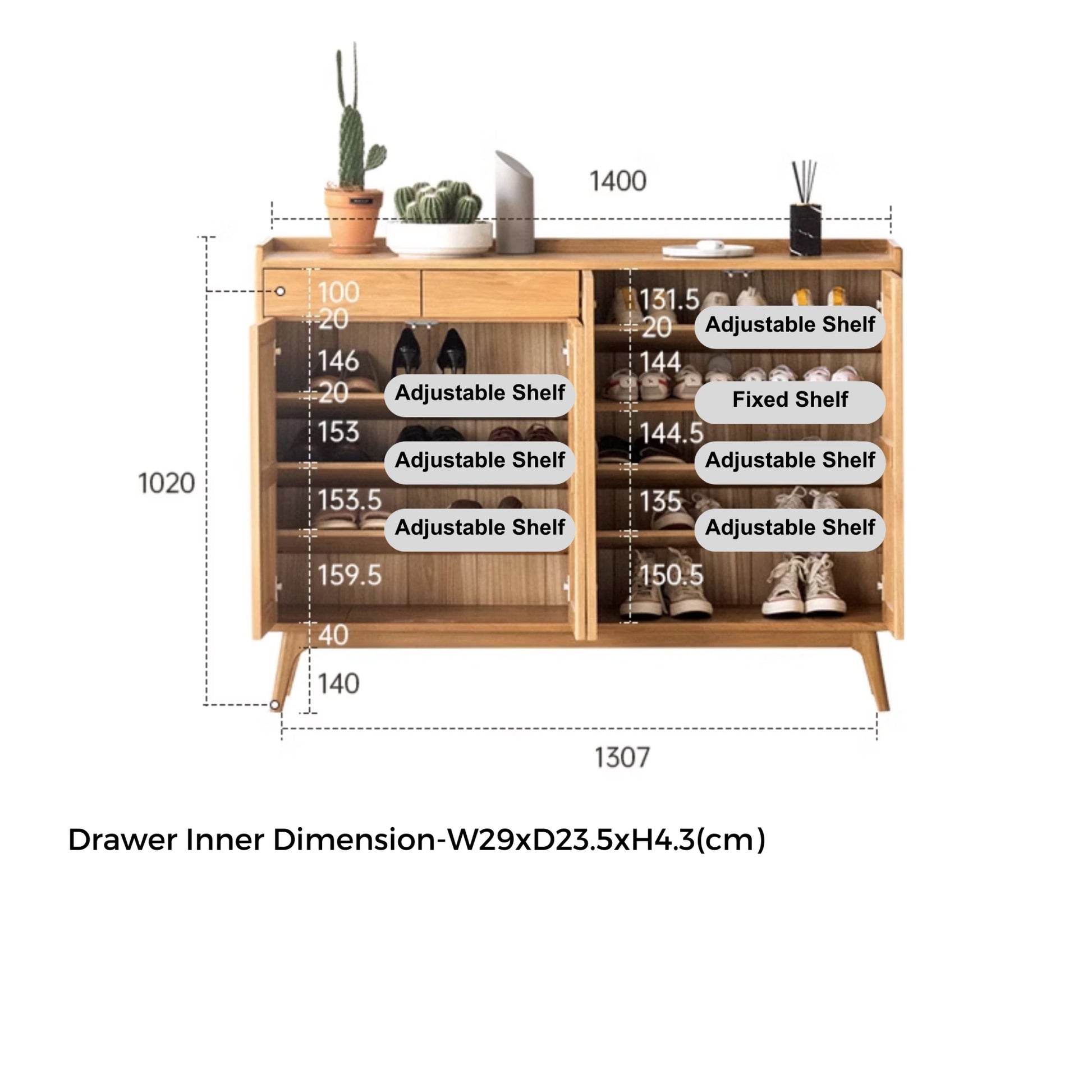Solidwood Santa Rosa Shoe Cabinet with Drawers, 140cm