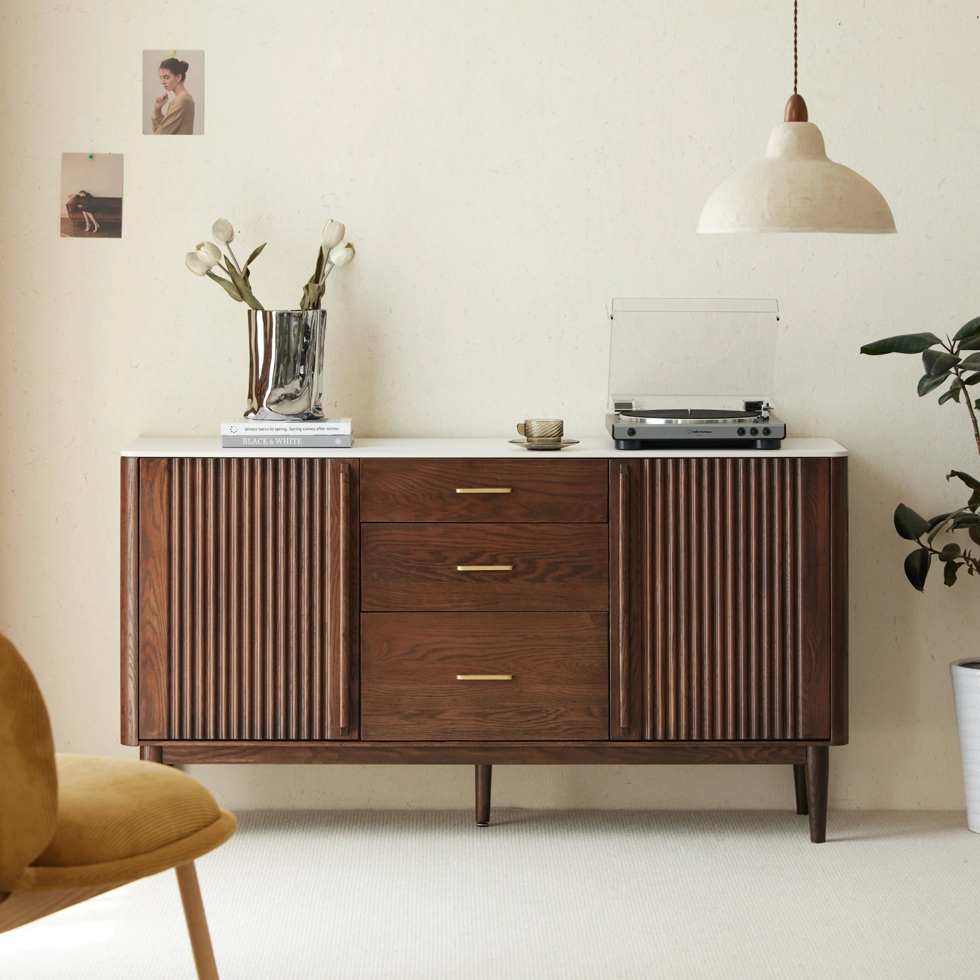 Solidwood Santa Rosa Sideboard with Sintered Stone Top, 120x42x81cm, Dark Wood