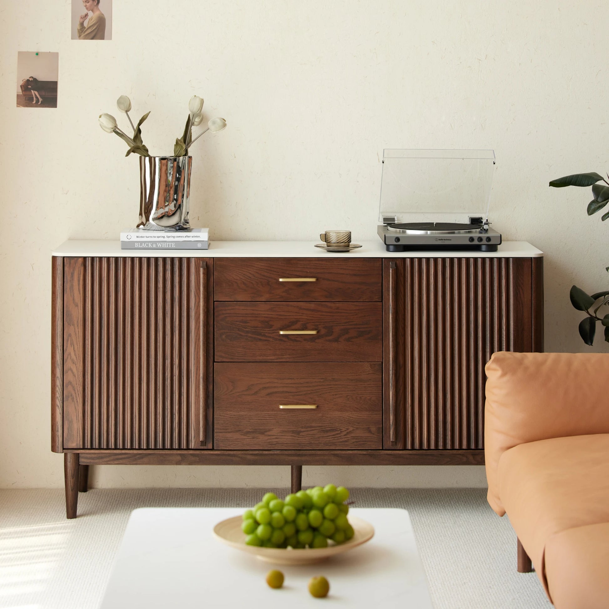 Solidwood Santa Rosa Sideboard with Sintered Stone Top, 120x42x81cm, Dark Wood