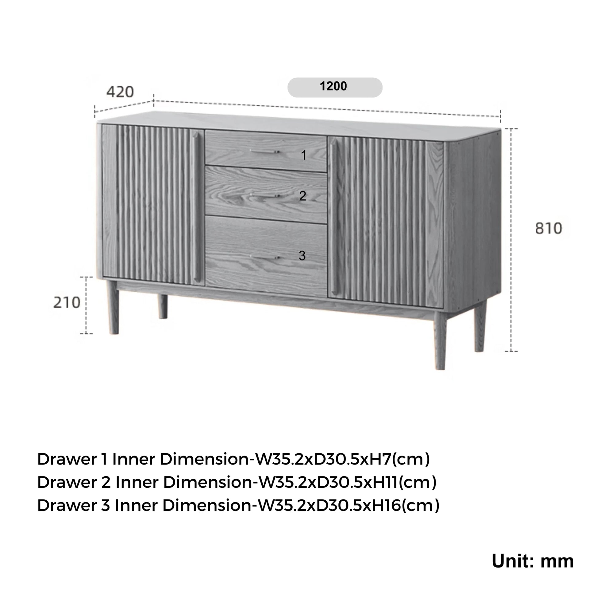 Solidwood Santa Rosa Sideboard with Sintered Stone Top, 120x42x81cm, Dark Wood