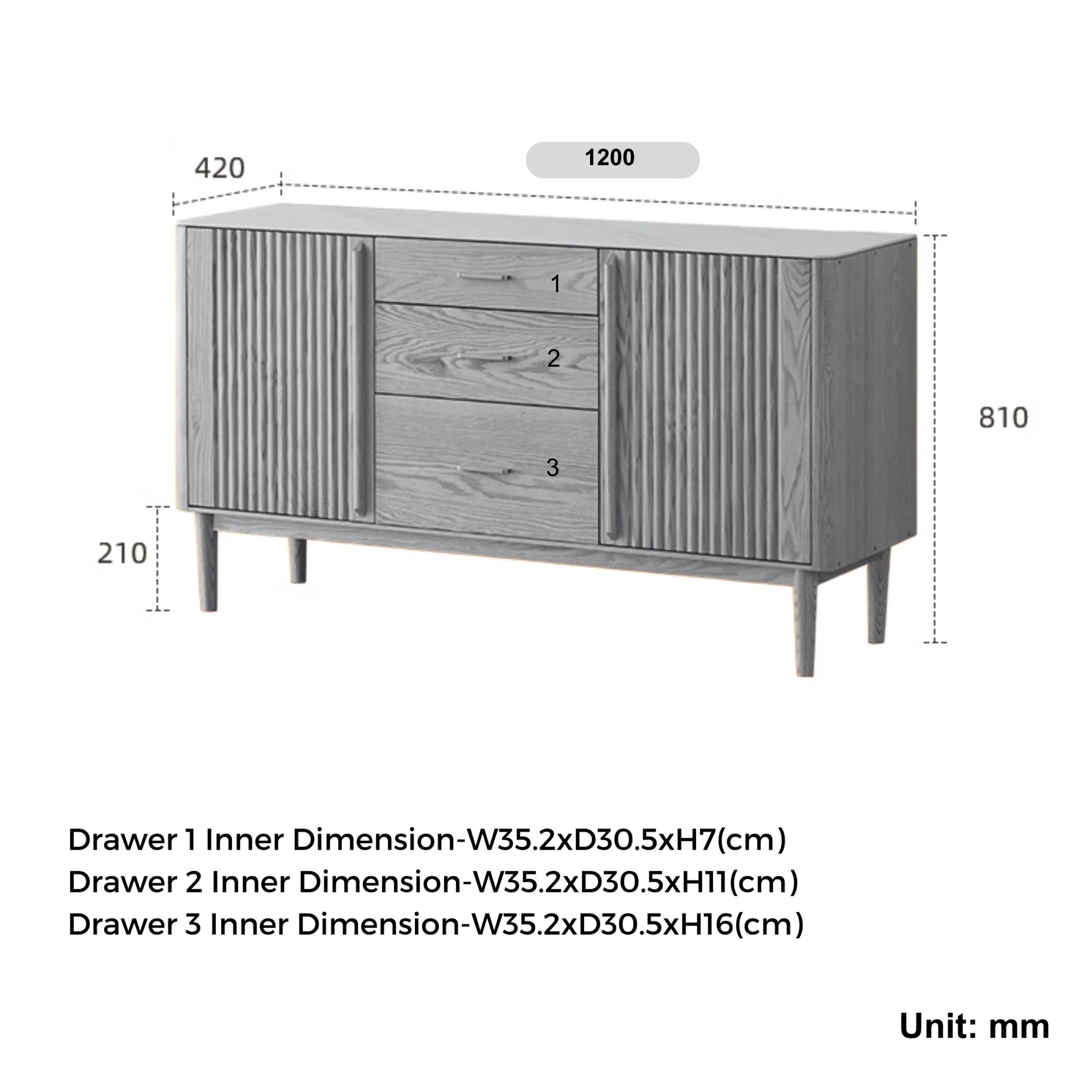 Solidwood Santa Rosa Sideboard with Sintered Stone Top, 120x42x81cm, Dark Wood