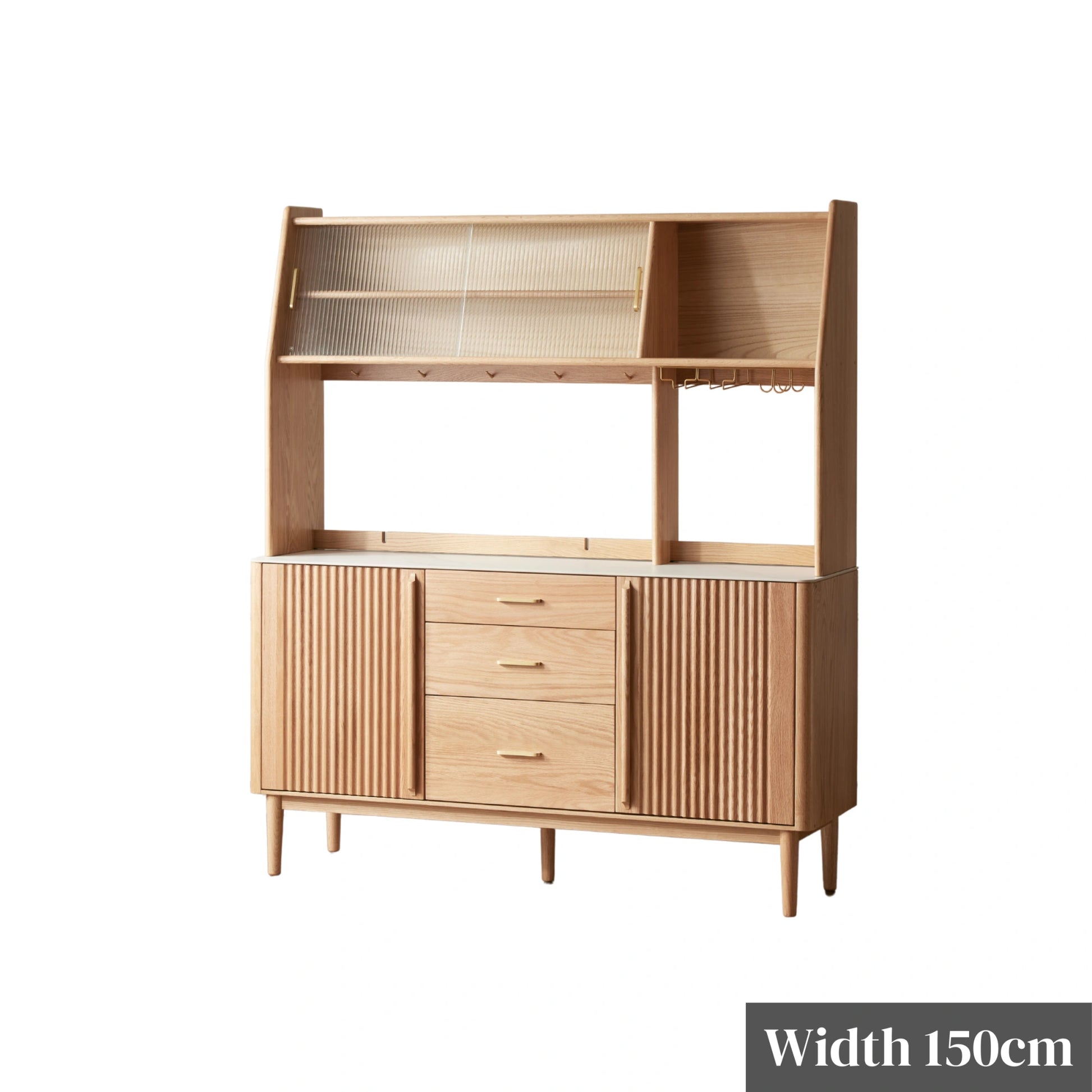 Solidwood Santa Rosa Sideboard with Sintered Stone Top & Hutch, 150x42x172cm, Natural Wood